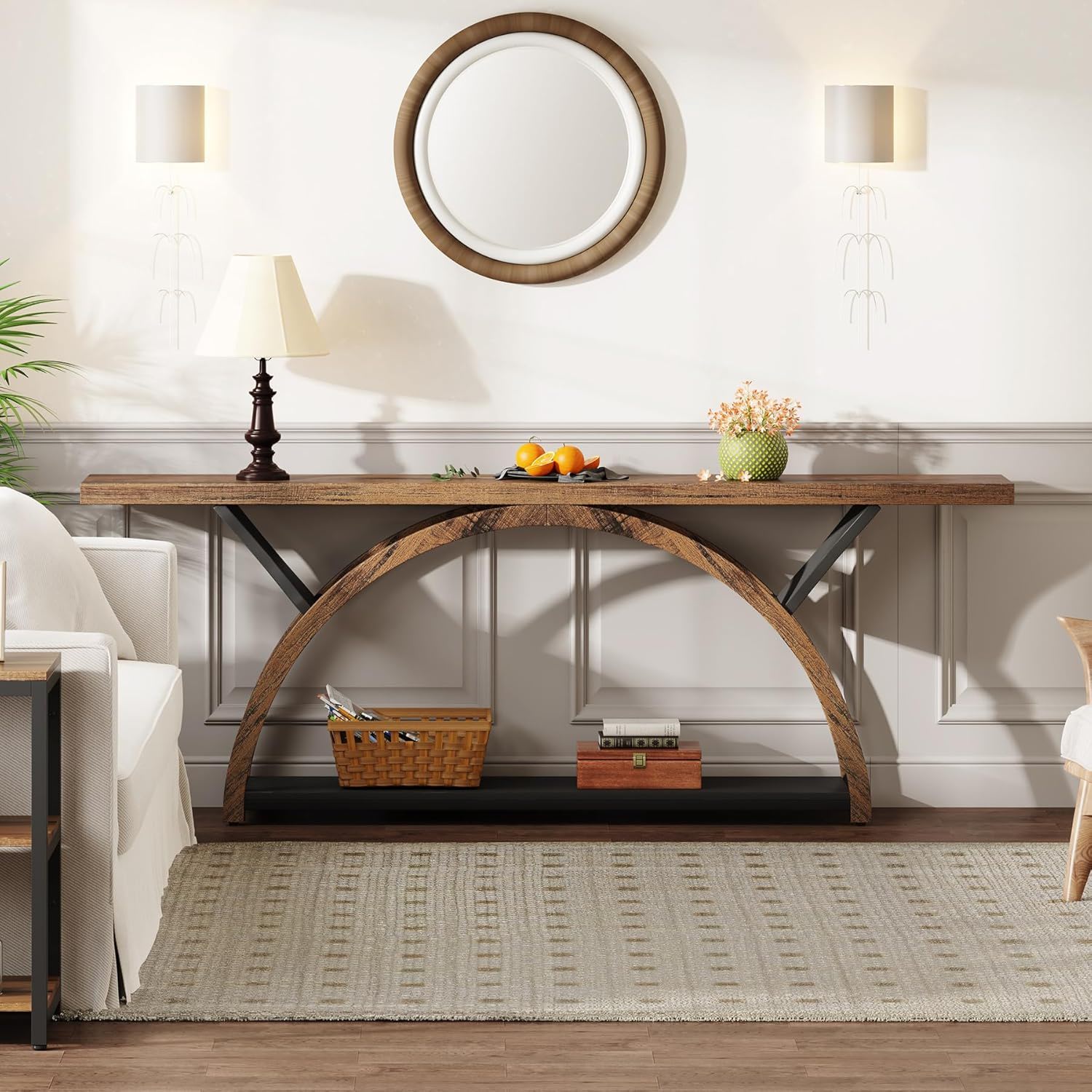 Console Table With 2 Tier Storage And Half Moon Frame For Hallway - Brown / Black