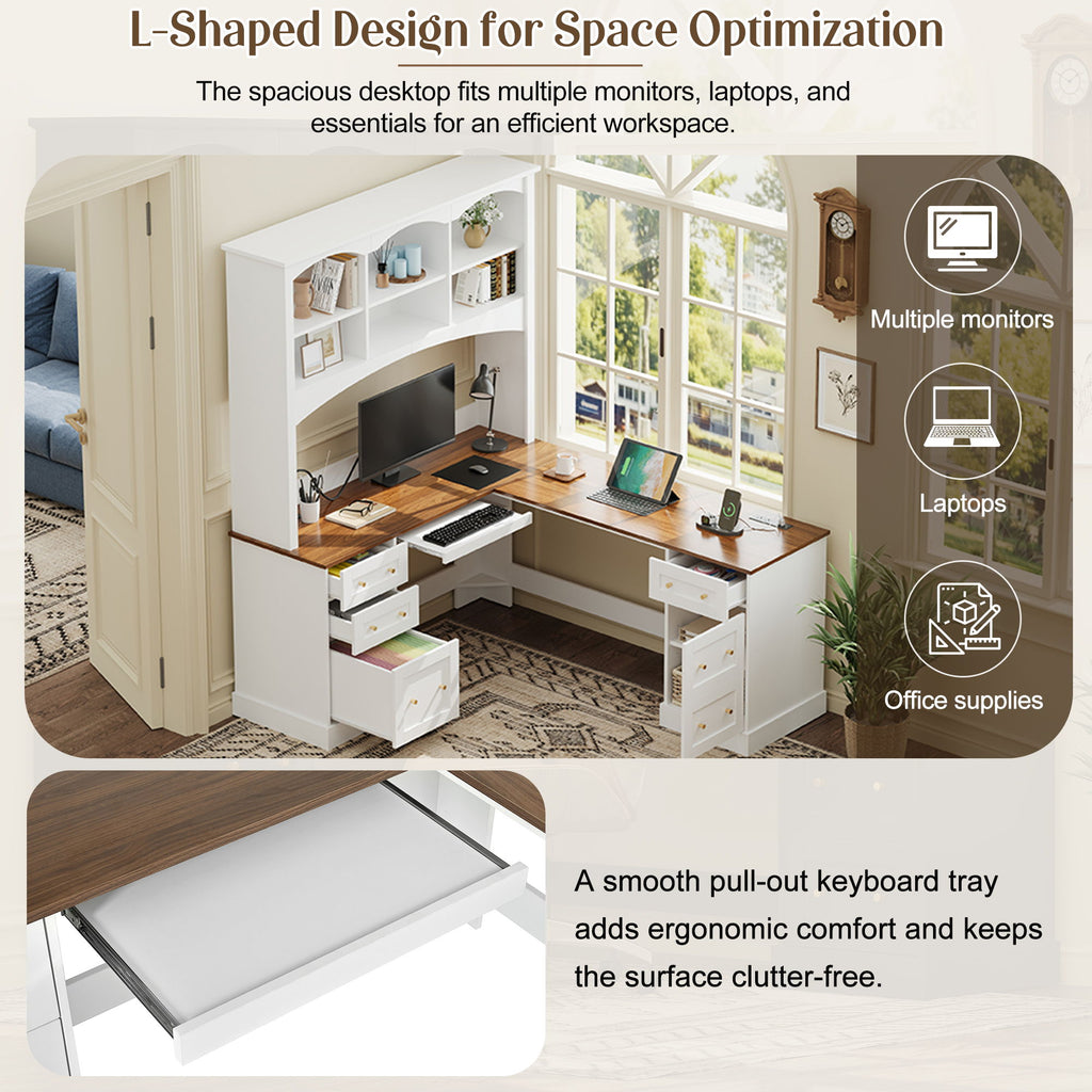 Space Saving L-Shaped Computer Desk With Keyboard Tray & Charging Stations