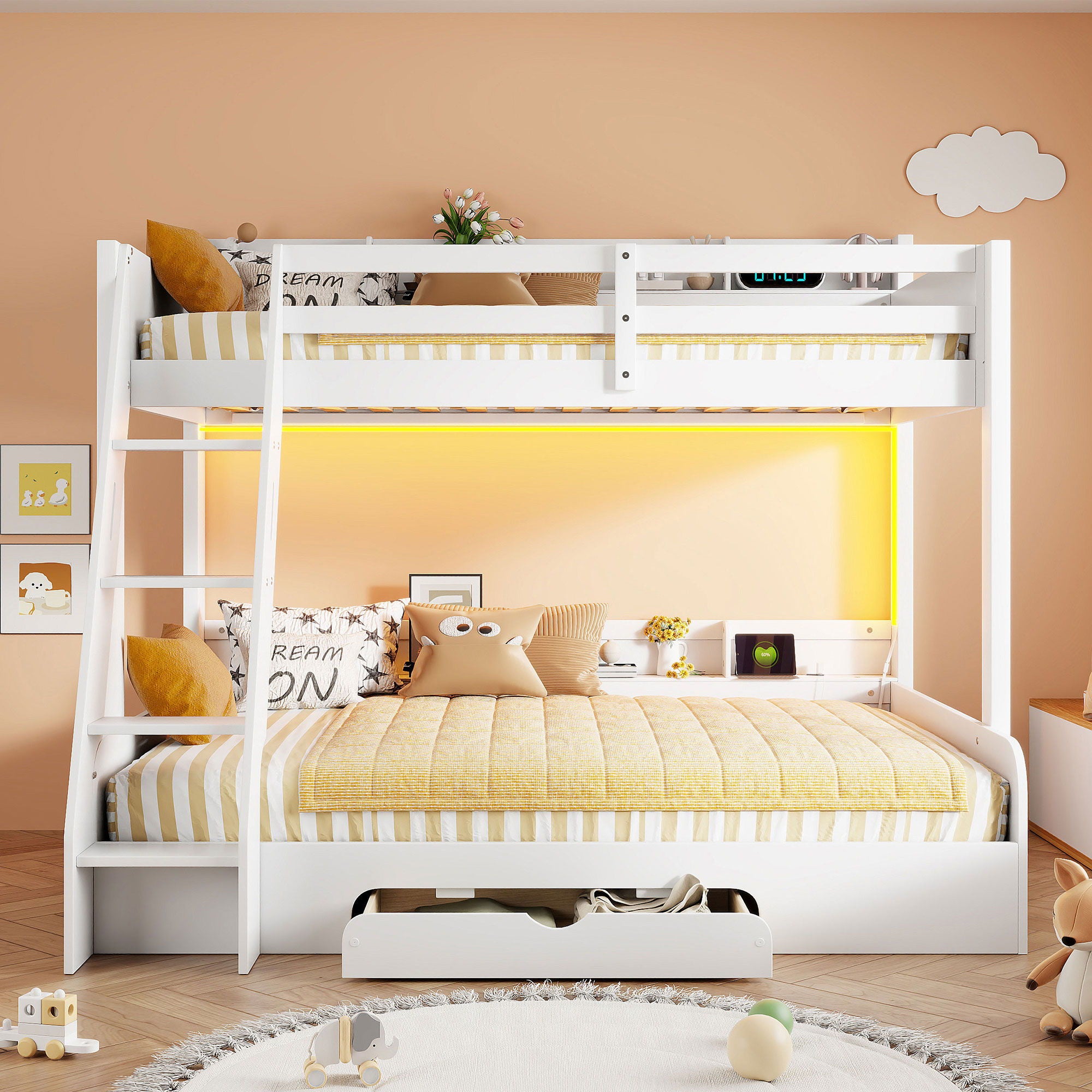 Bunk Bed With Storage Shelves, LED Lighting, Charging Station And Drawer