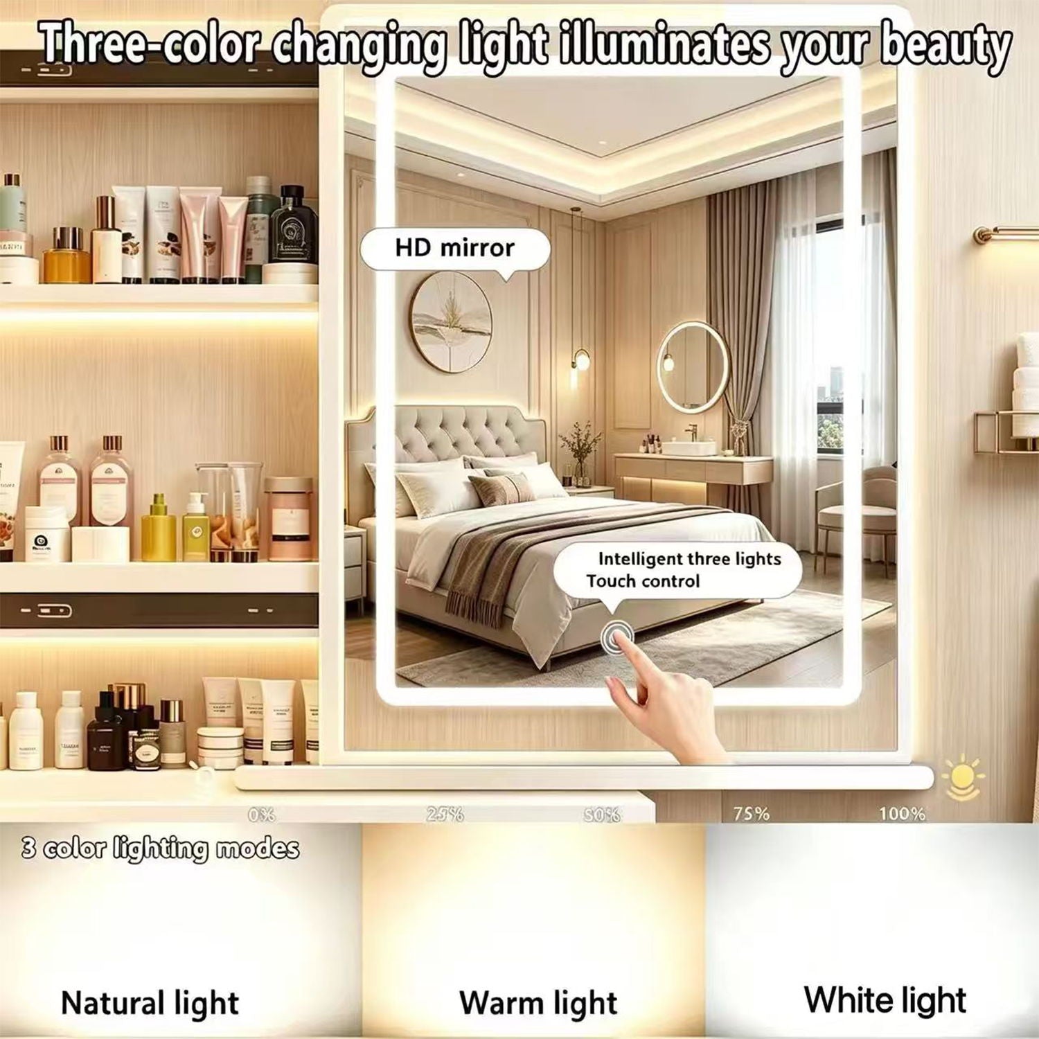 Vanity Set With LED Mirror, Storage Dressing Table & Cushioned Stool - Cream White