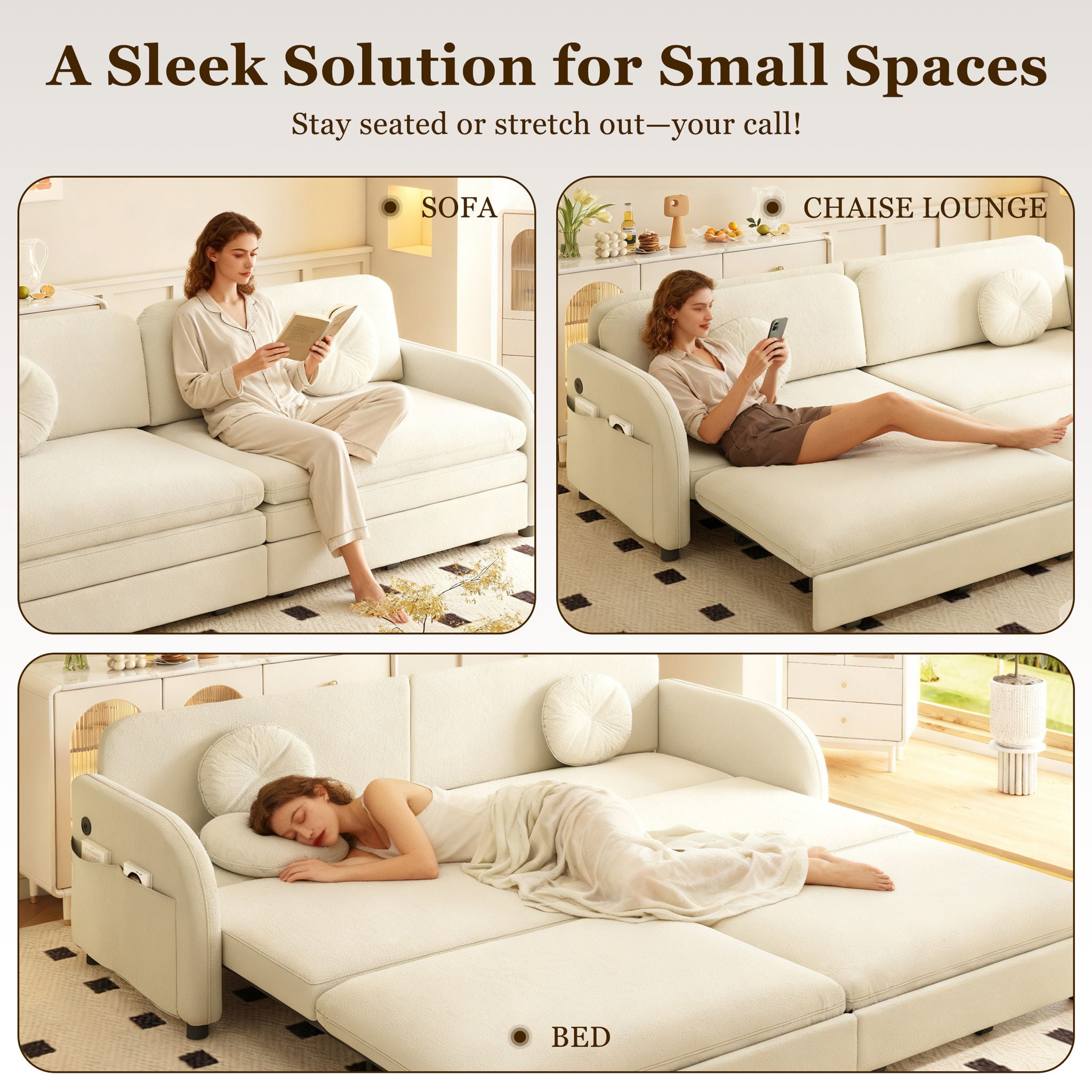 Upholstered Pull Out Couch With Side Pocket & USB Port