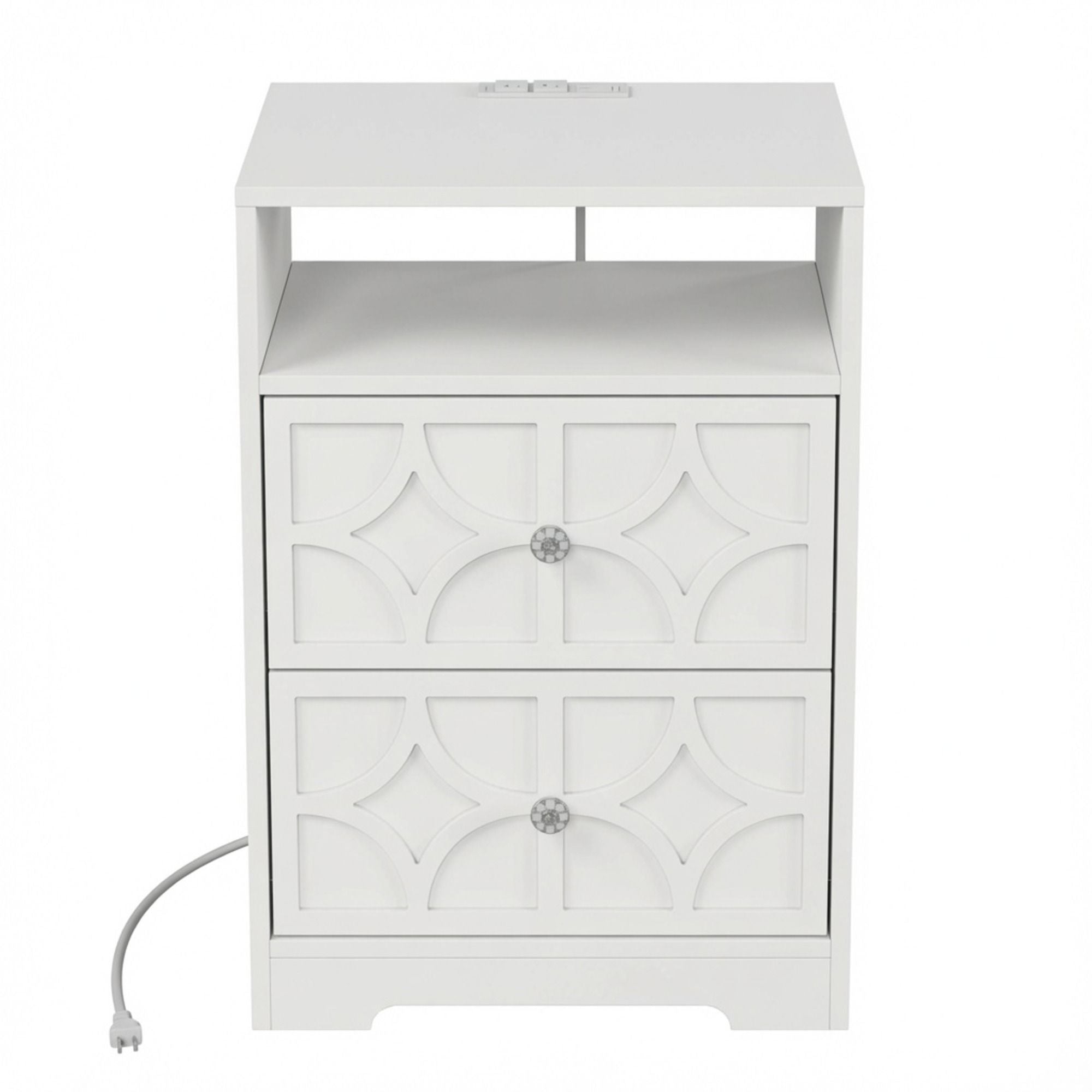 Nightstand With Diamond Carvings Handles, 2 Drawers & Charging Station
