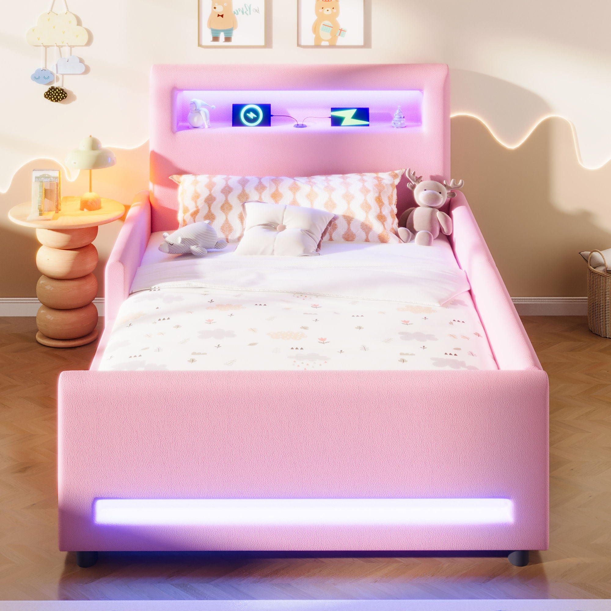 Upholstered Platform Bed With Drawer, LED Light Strip, USB Port