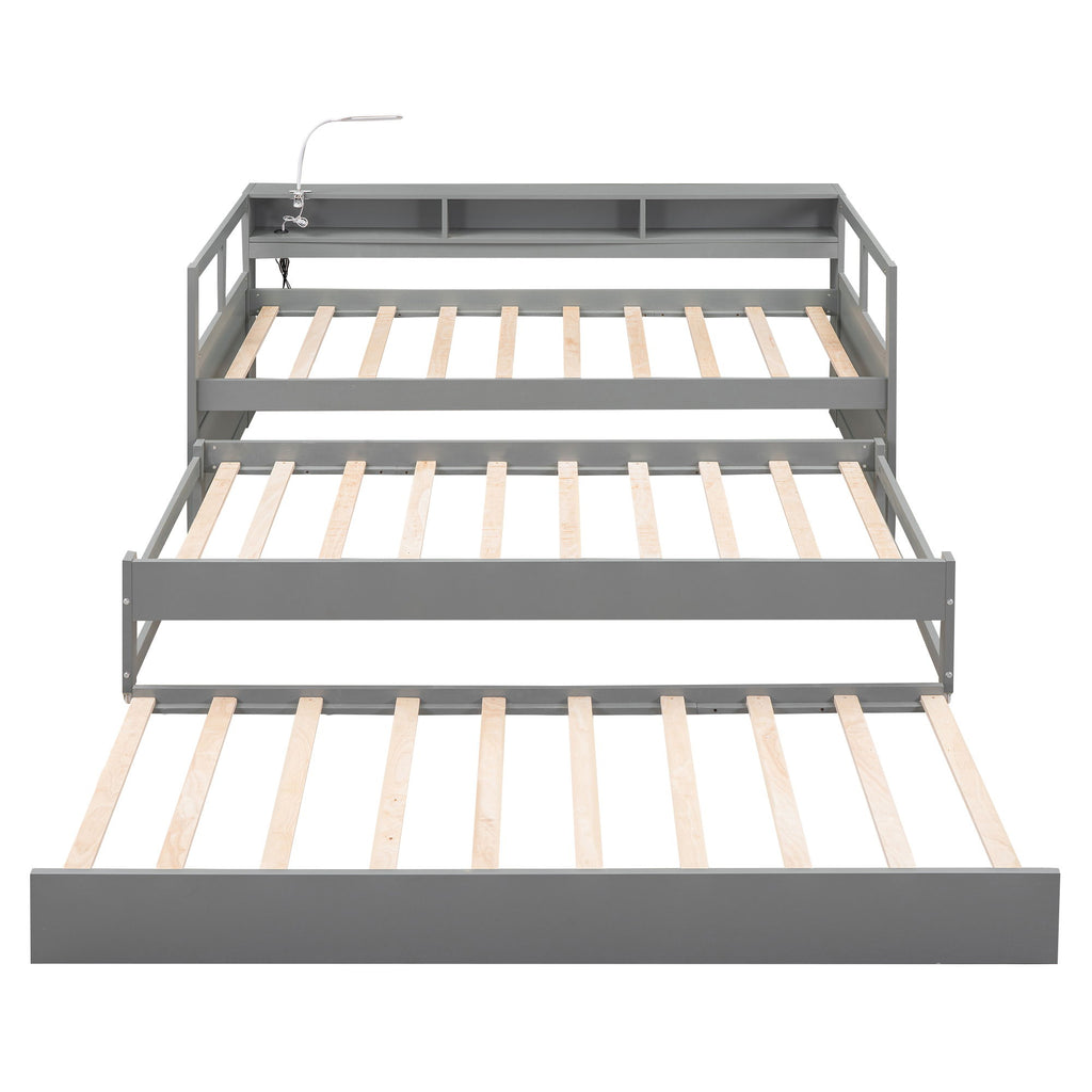Daybed With 2 Trundles, 3 Storage Cubbies, Built In USB Charging Light