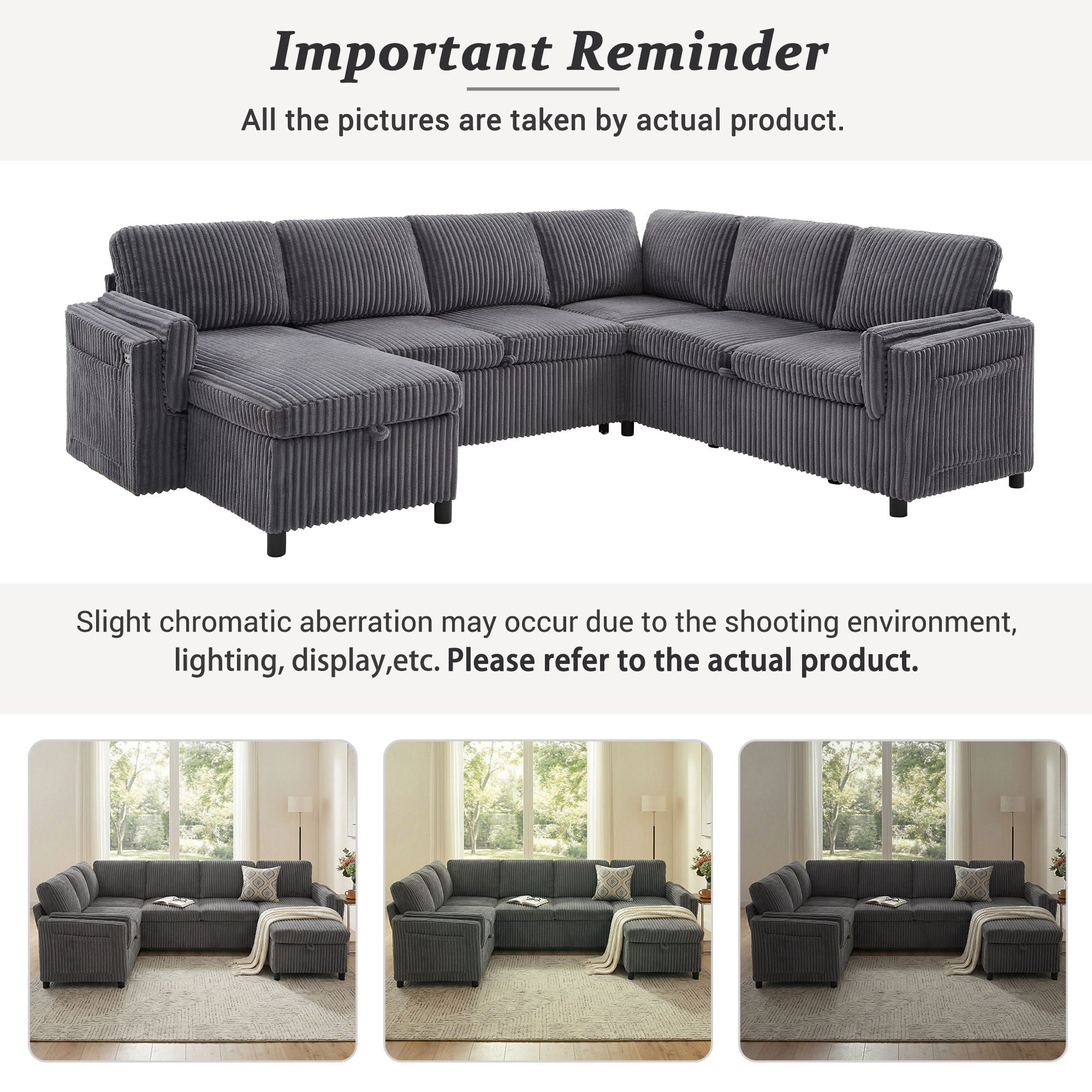 Convertible U-Shaped Sectional Sofa Bed With USB Ports And Storage