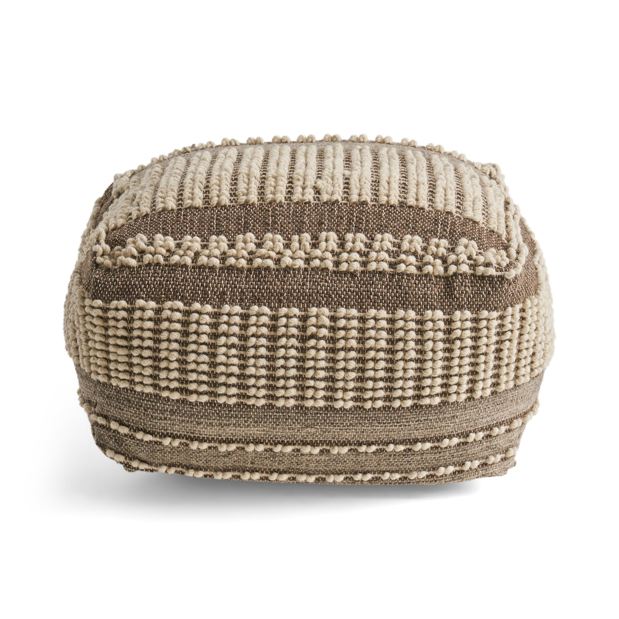 Rustic Wool And Cotton Large Pouf, Handcrafted Tufted Design - Brown / Beige