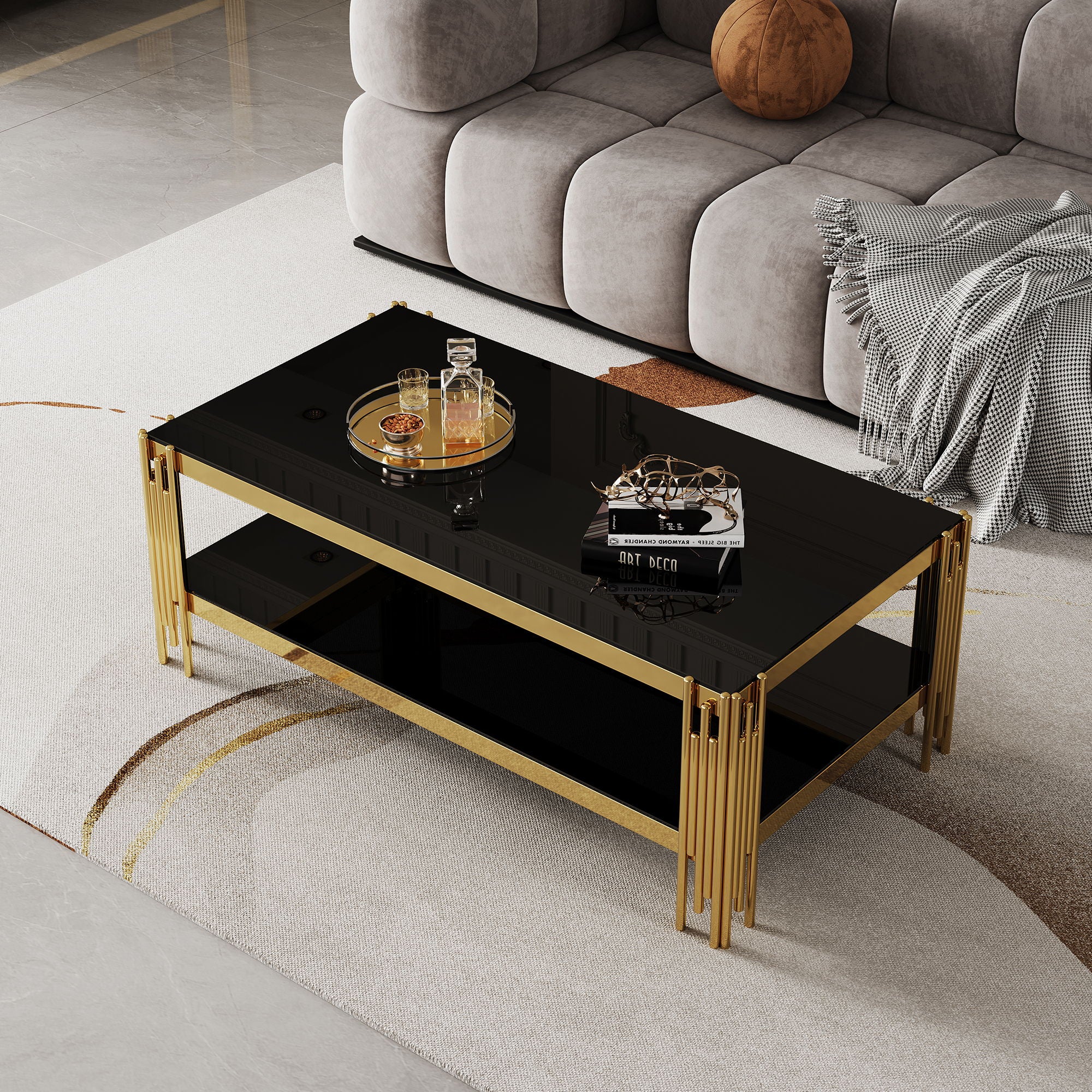 Top And Bottom Double Layer Tempered Glass Table And Mirror Finished Stainless Steel Frame
