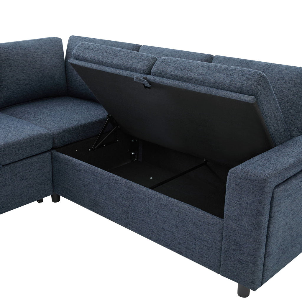 U - Shaped Convertible Sectional Sofa Bed With Storage, USB Charger & Cup Holders