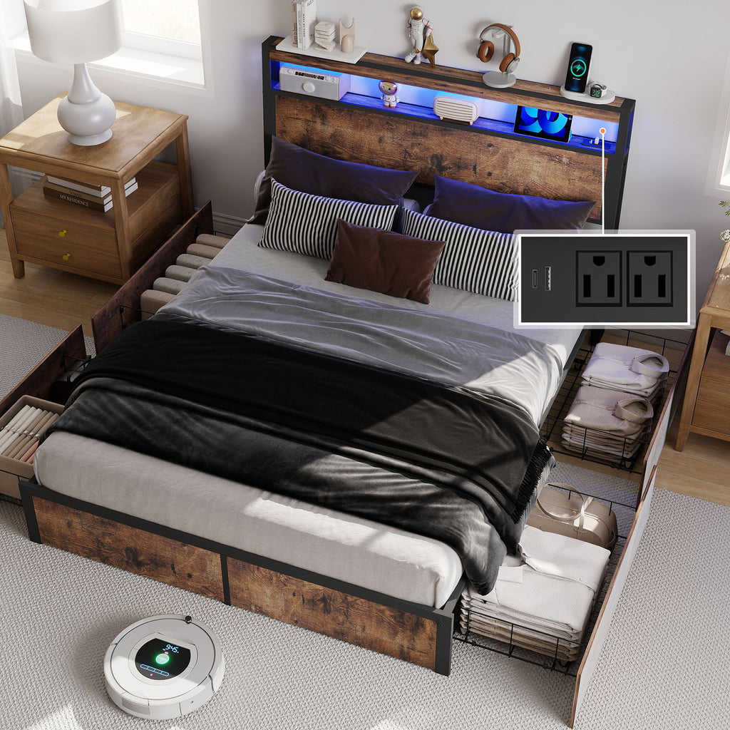 Bed Frame With Headboard, LED Lights & Charging Station