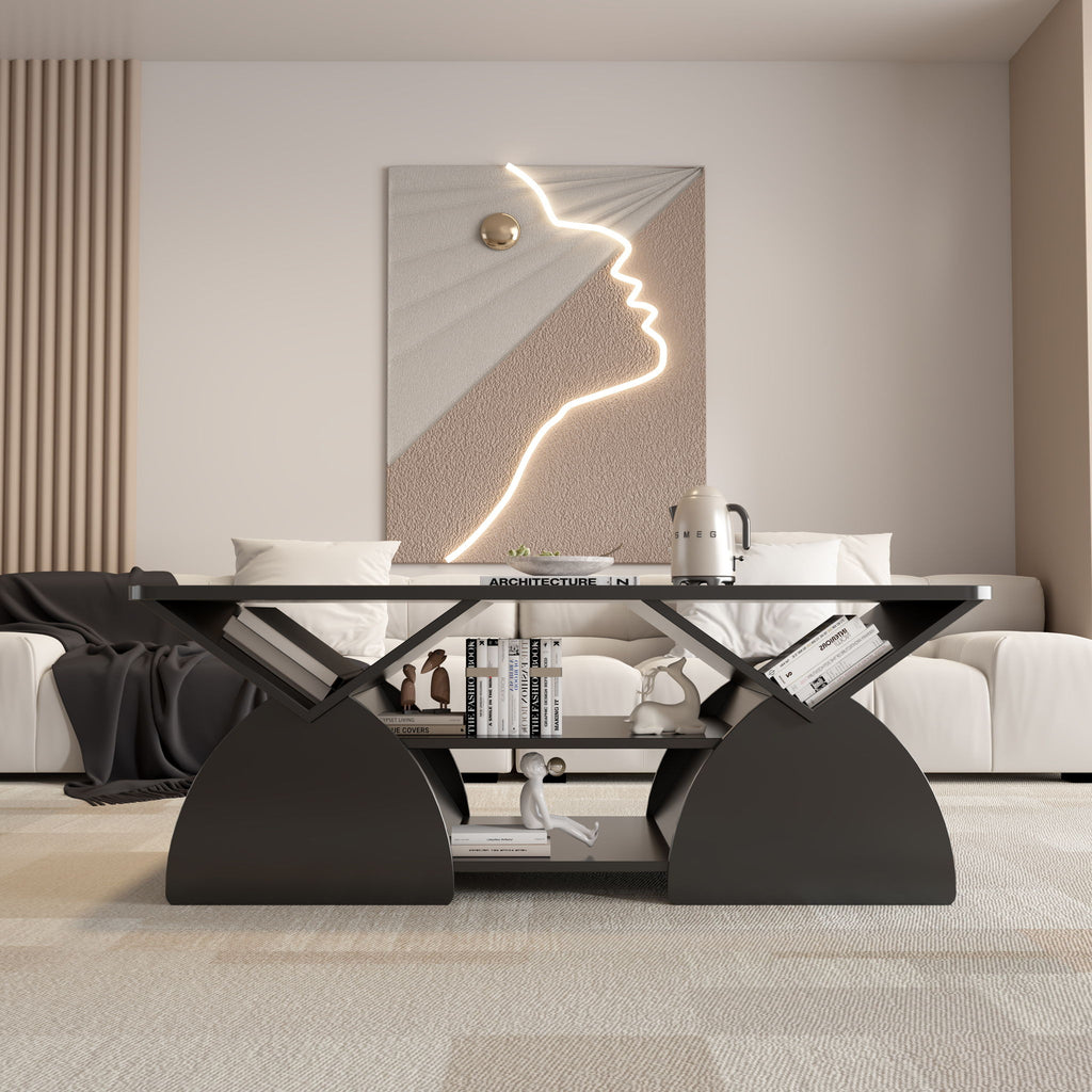 Geometric Engineered Coffee Table With Rounded Corners With Open Shelves