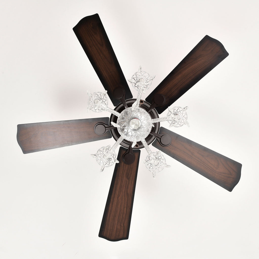 52" Crystal Shade Ceiling Fan Lamp, 3 Speed, 4 Timing, 5 Reversible Blades Crystal Ceiling Fan, 5 Pieces X E12 (No Include Bulb), Hand Pull Chain - Matte Black