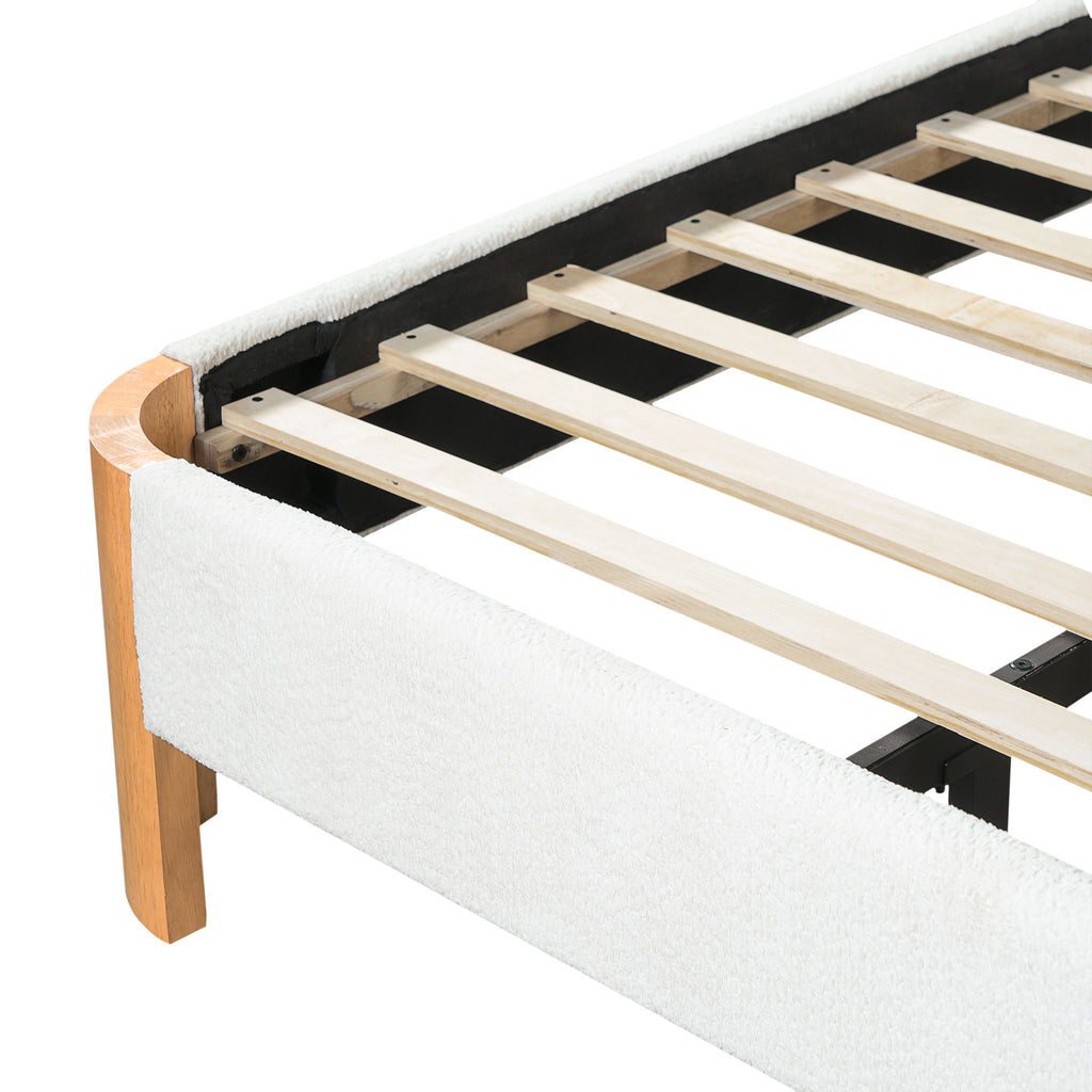 Upholstered Platform Bed Frame With Curved Headboard, Built-In Floating Shelves