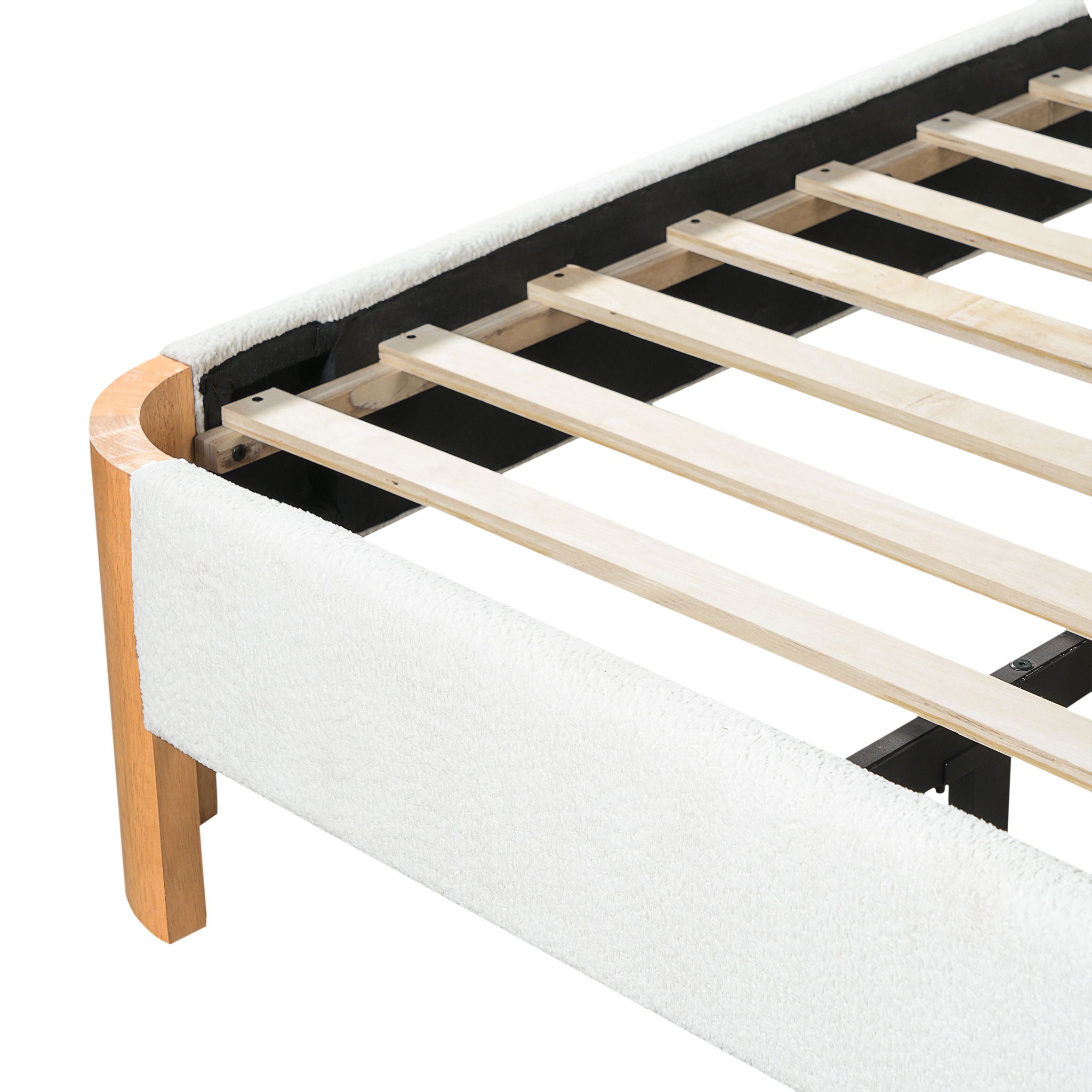 Upholstered Platform Bed Frame With Curved Headboard, Built-In Floating Shelves