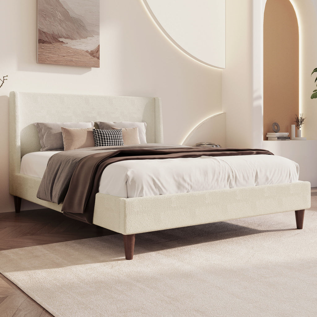 Upholstered Modern Platform Bed With Wingback Headboard