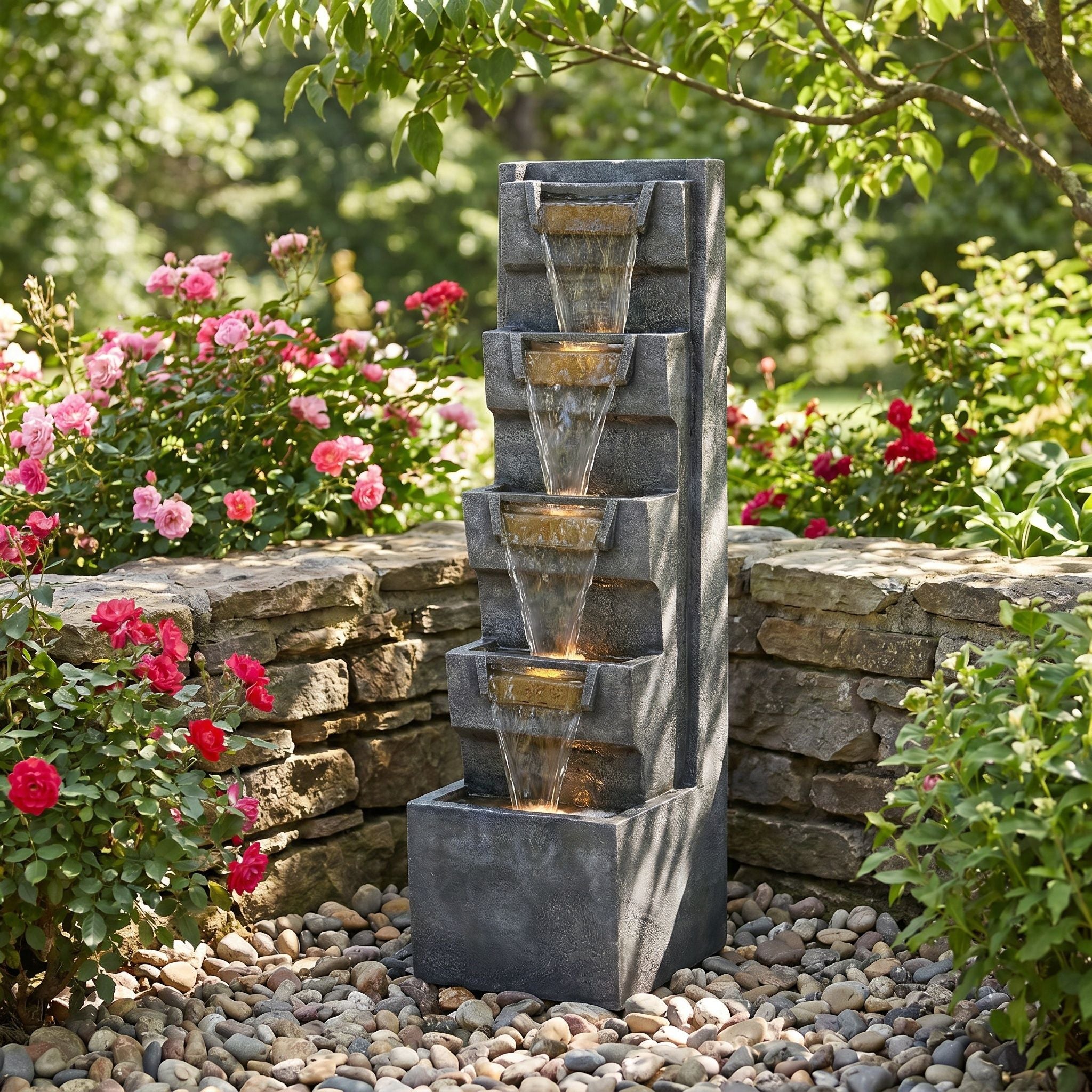 4 Tier Cascading Waterfall Fountain With Warm LED Lights, For Patio - Gray