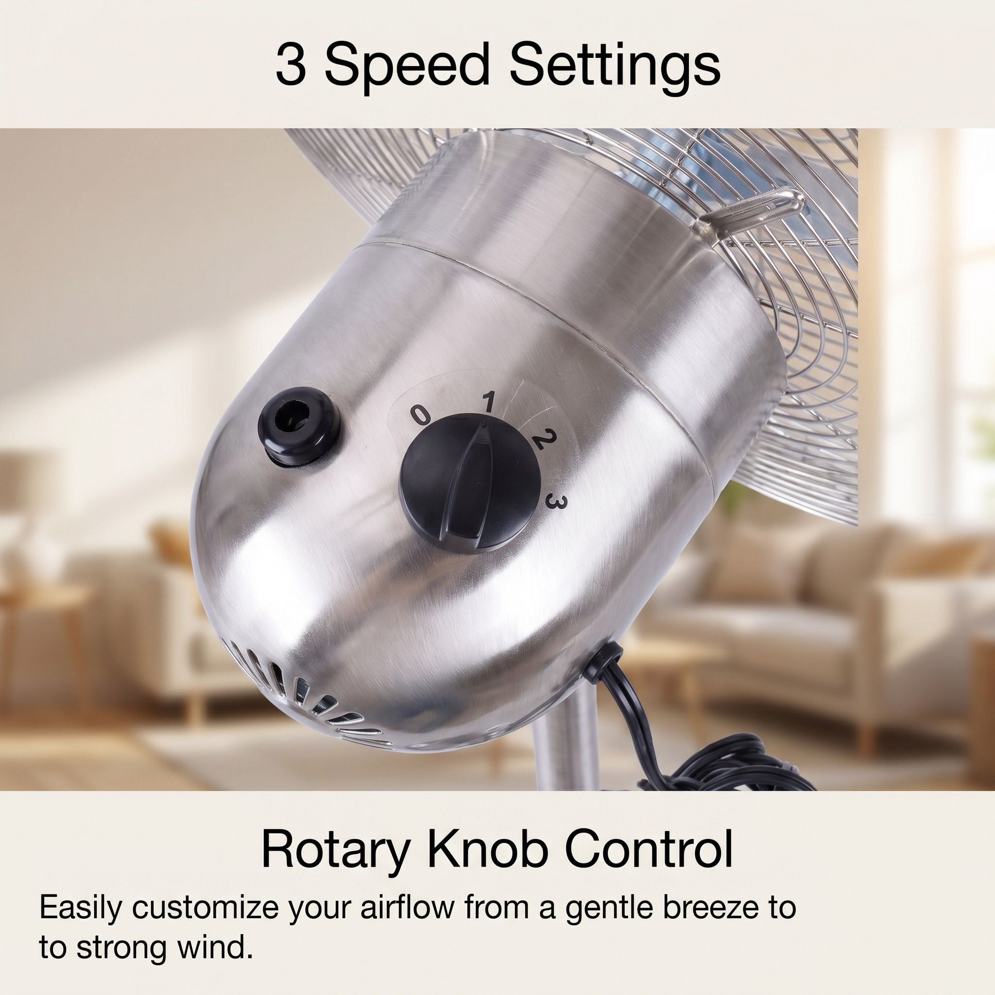 Stand Fan, 4 Blades, Rotary Knob Switch, Oscillation Function, Tilting Angle - Chrome