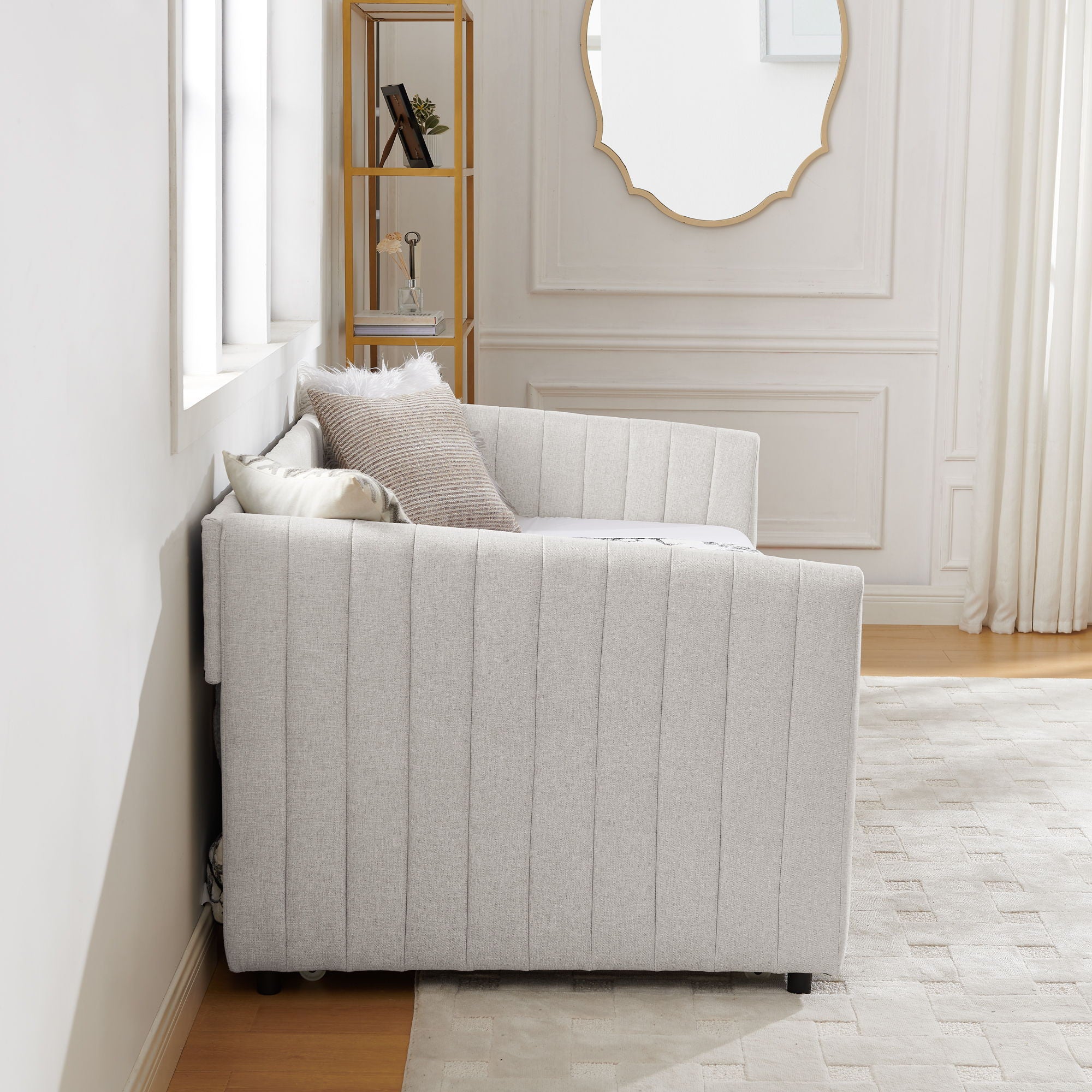 Upholstered Daybed With Trundle With Vertical Stripes