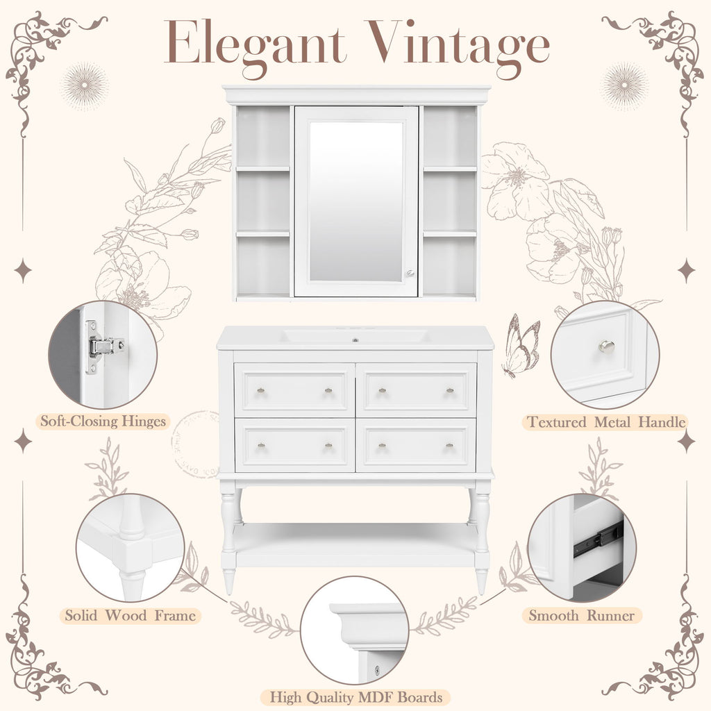 Bathroom Vanity With Medicine Cabinet, Storage Cabinet With 4 Drawers, Adjustable Shelf Mirror