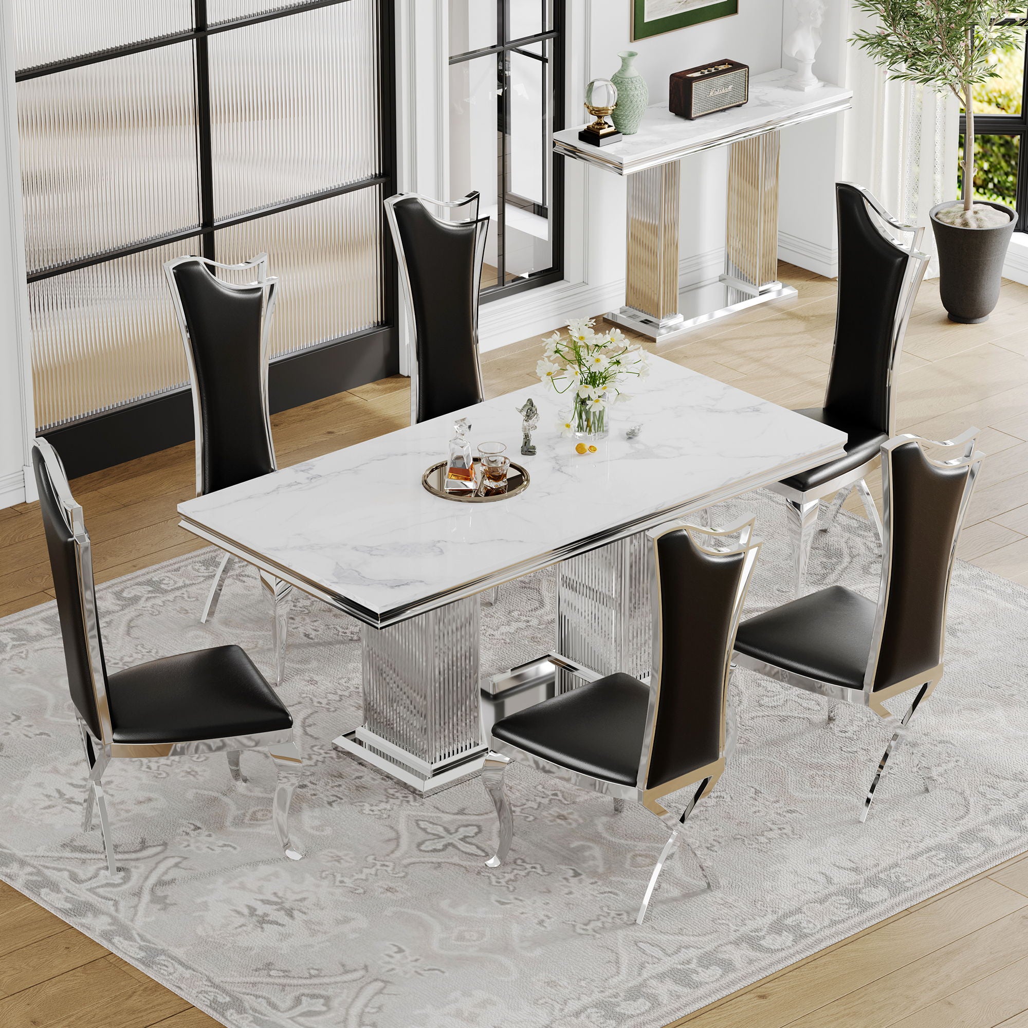 Marble Printed Top Rectangular Dining Table, Stainless Steel Base With Mirrored Finish
