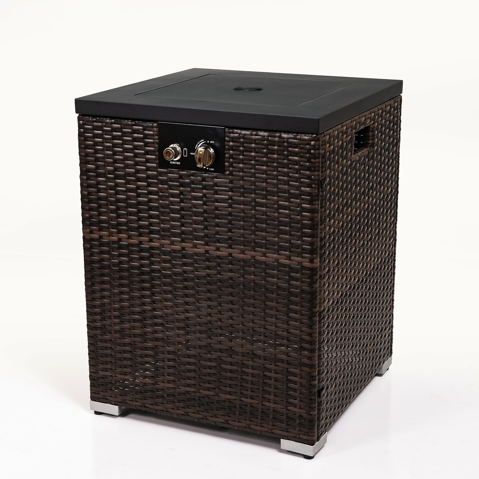 Propane Gas Square Fire Pit, Tile Tabletop With Beautiful Wicker Base For Outside