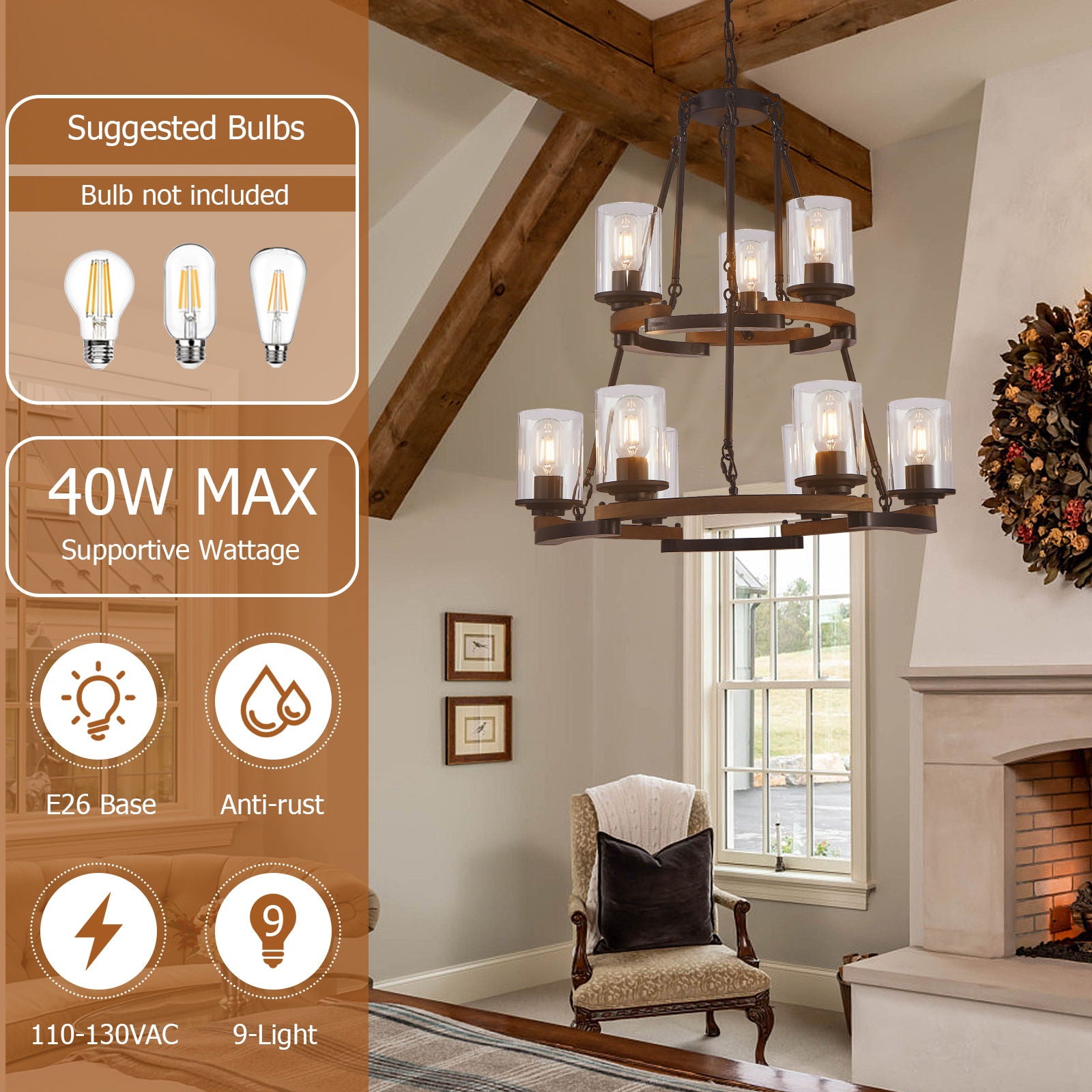 Wagon Wheel Chandelier, Ceiling Light With Adjustable Height - Black / Brown
