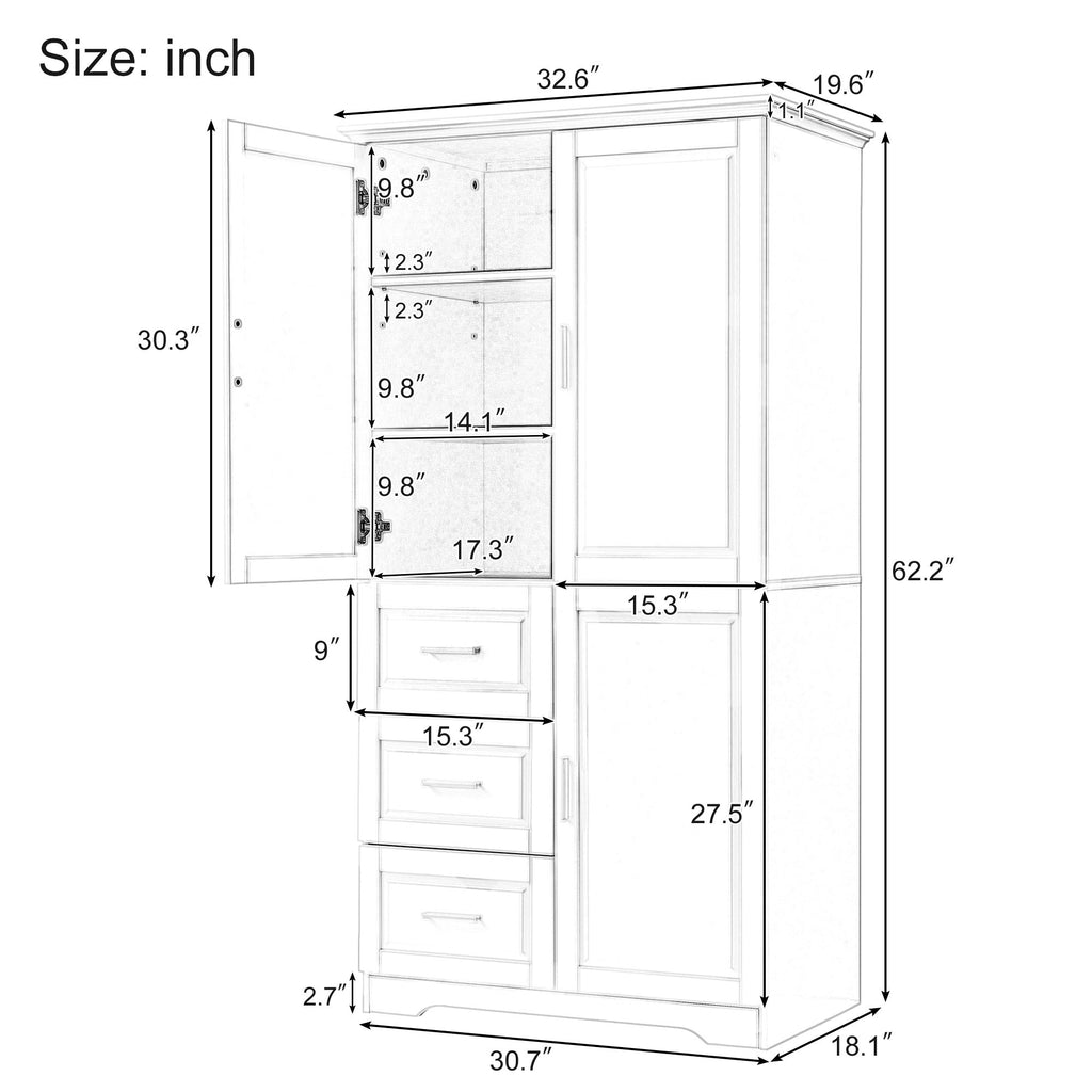 Tall Wide Storage Cabinet With Doors, 3 Drawers