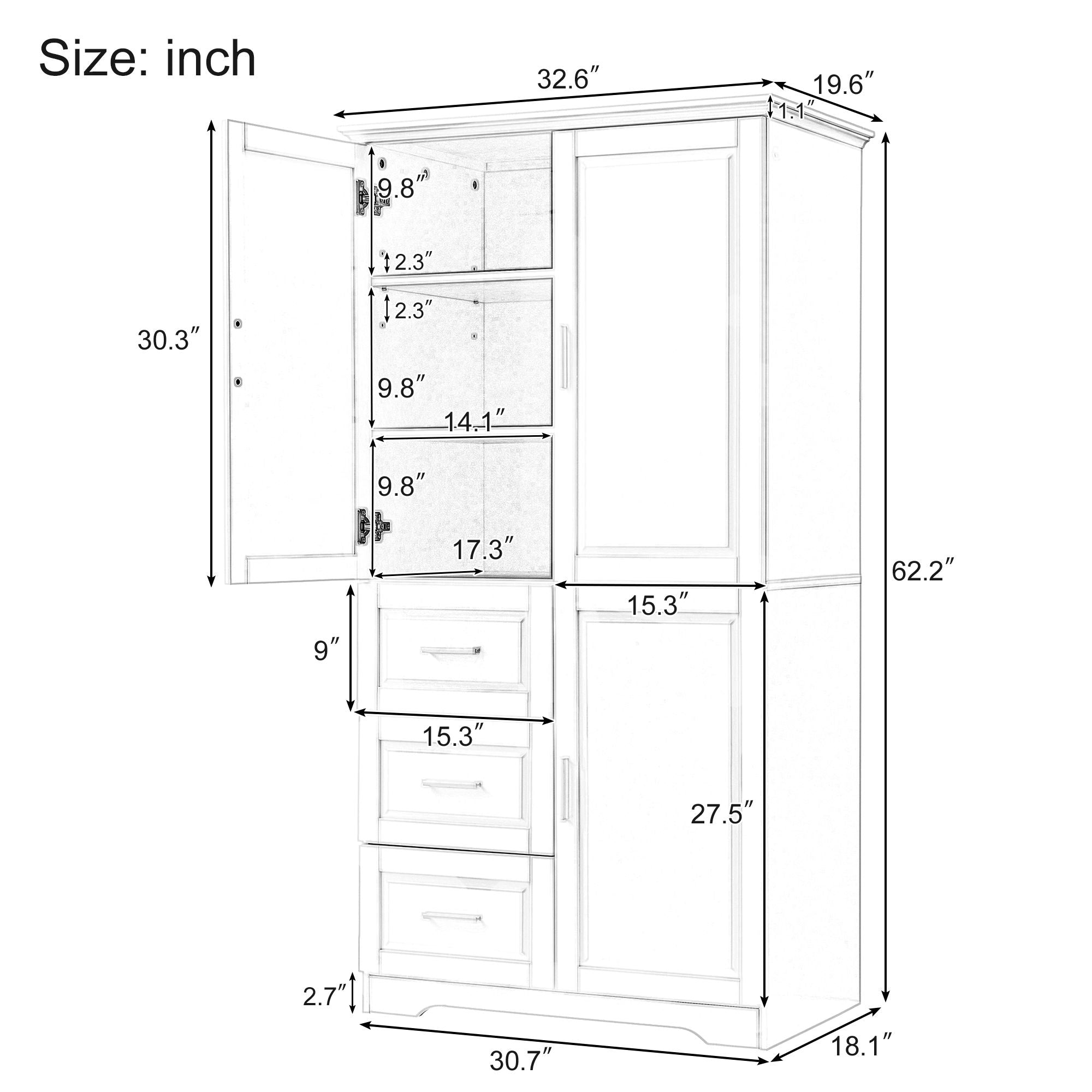 Tall Wide Storage Cabinet With Doors, 3 Drawers