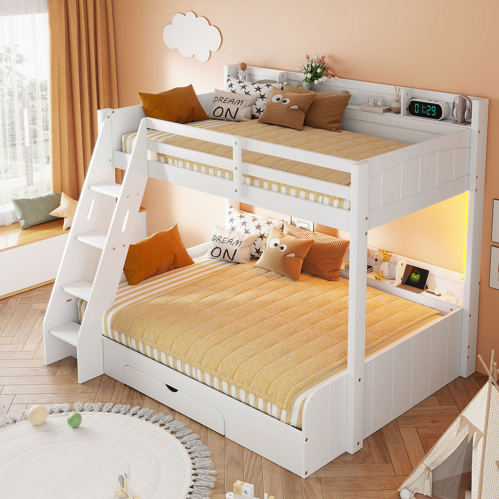 Bunk Bed With Storage Shelves, LED Lighting, Charging Station And Drawer