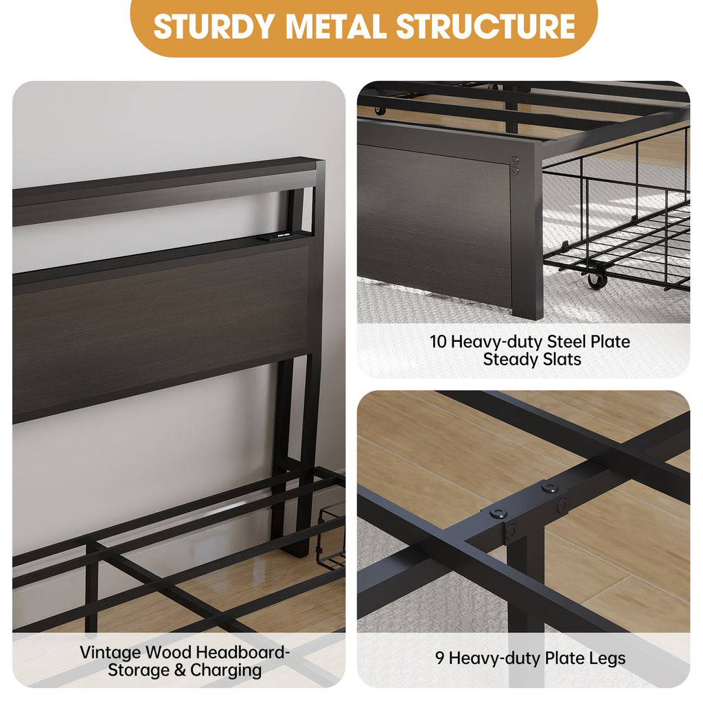 Bed Frame With Headboard, LED Lights & Charging Station
