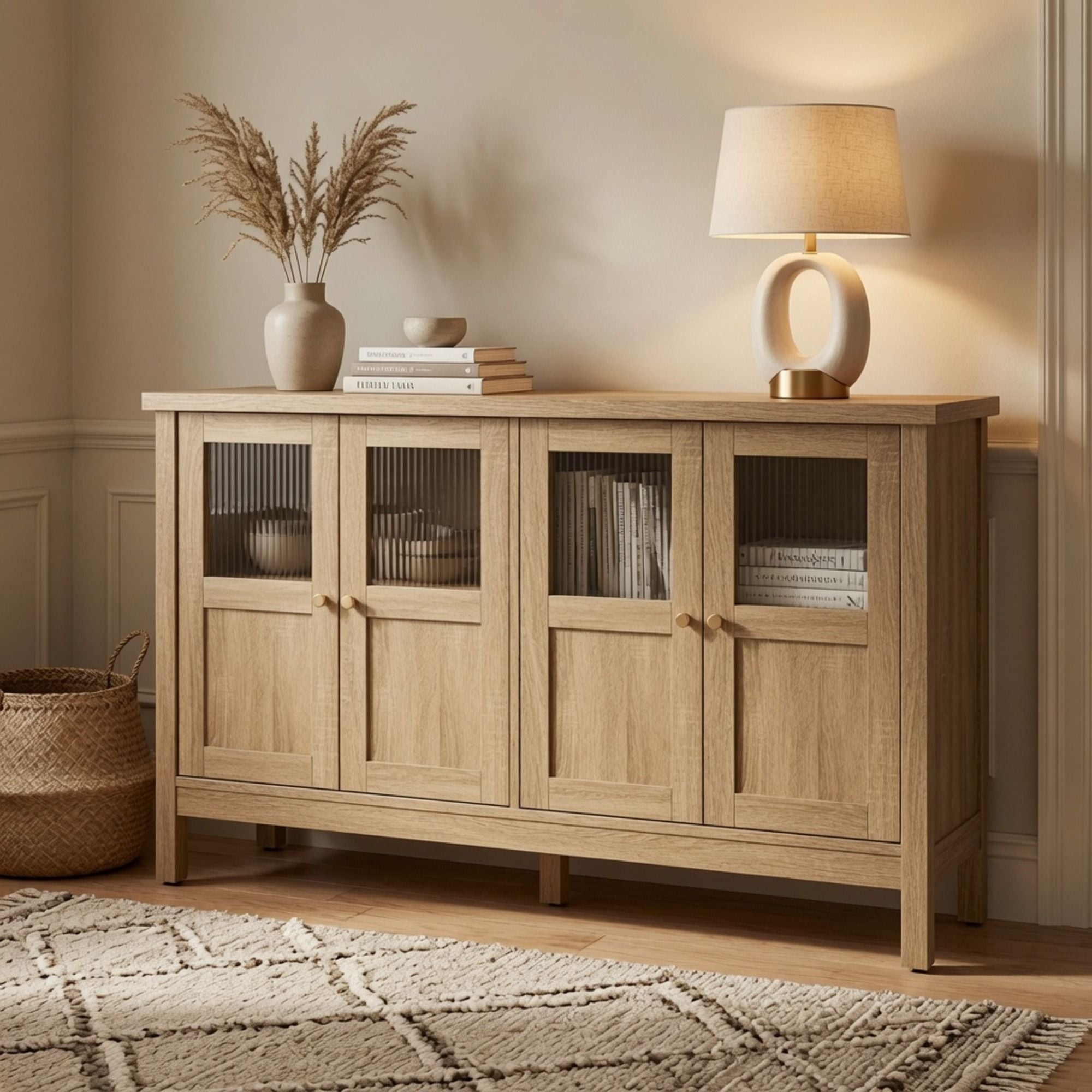 Buffet Cabinet With 4 Doors, Adjustable Shelves Handles - Natural