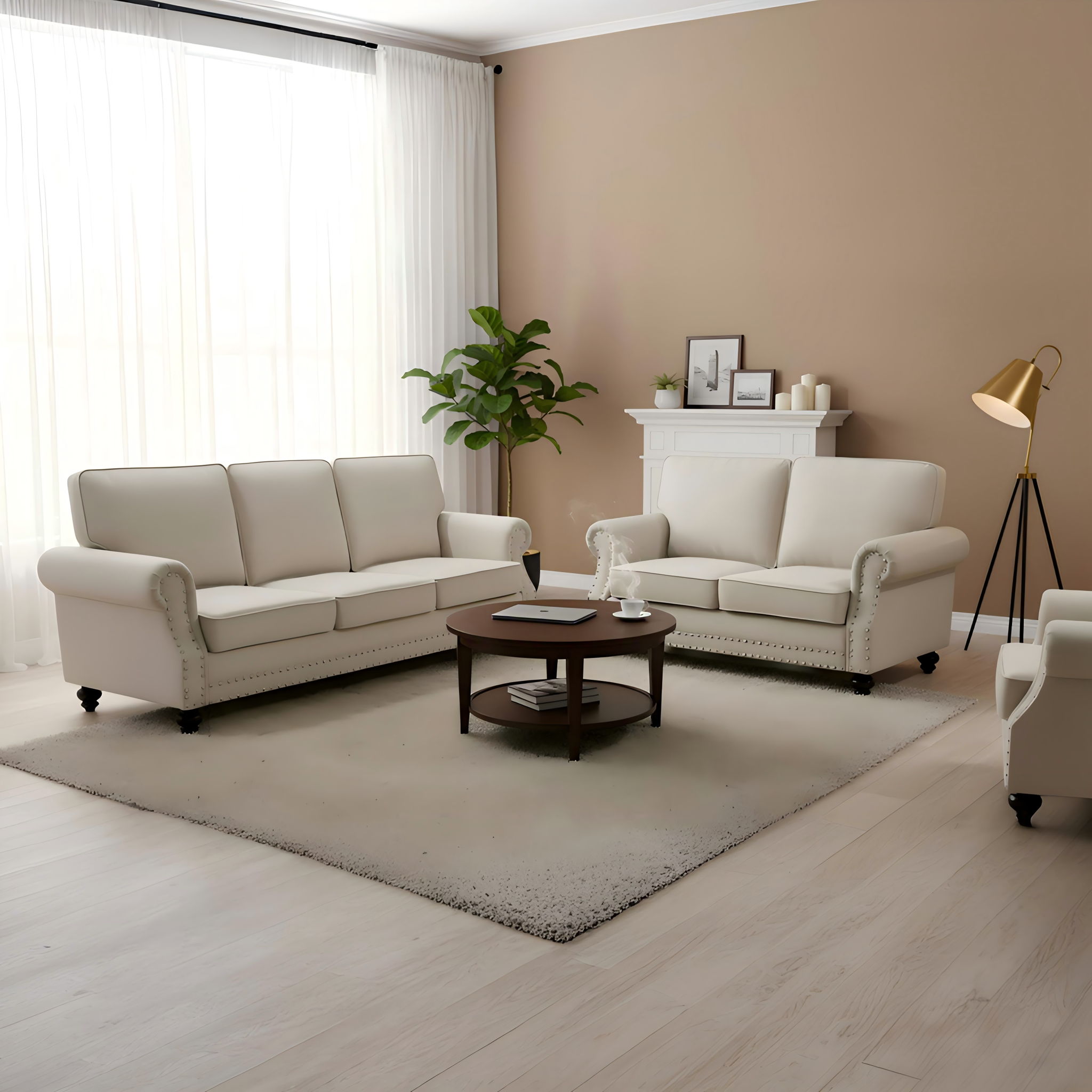 3 Seater Sofa With Nailhead Trim And Turned Legs For Living Room