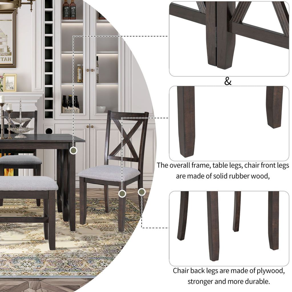 6 Piece Family Dining Room Set, Space Saving Foldable Table And 4 Chairs With Bench