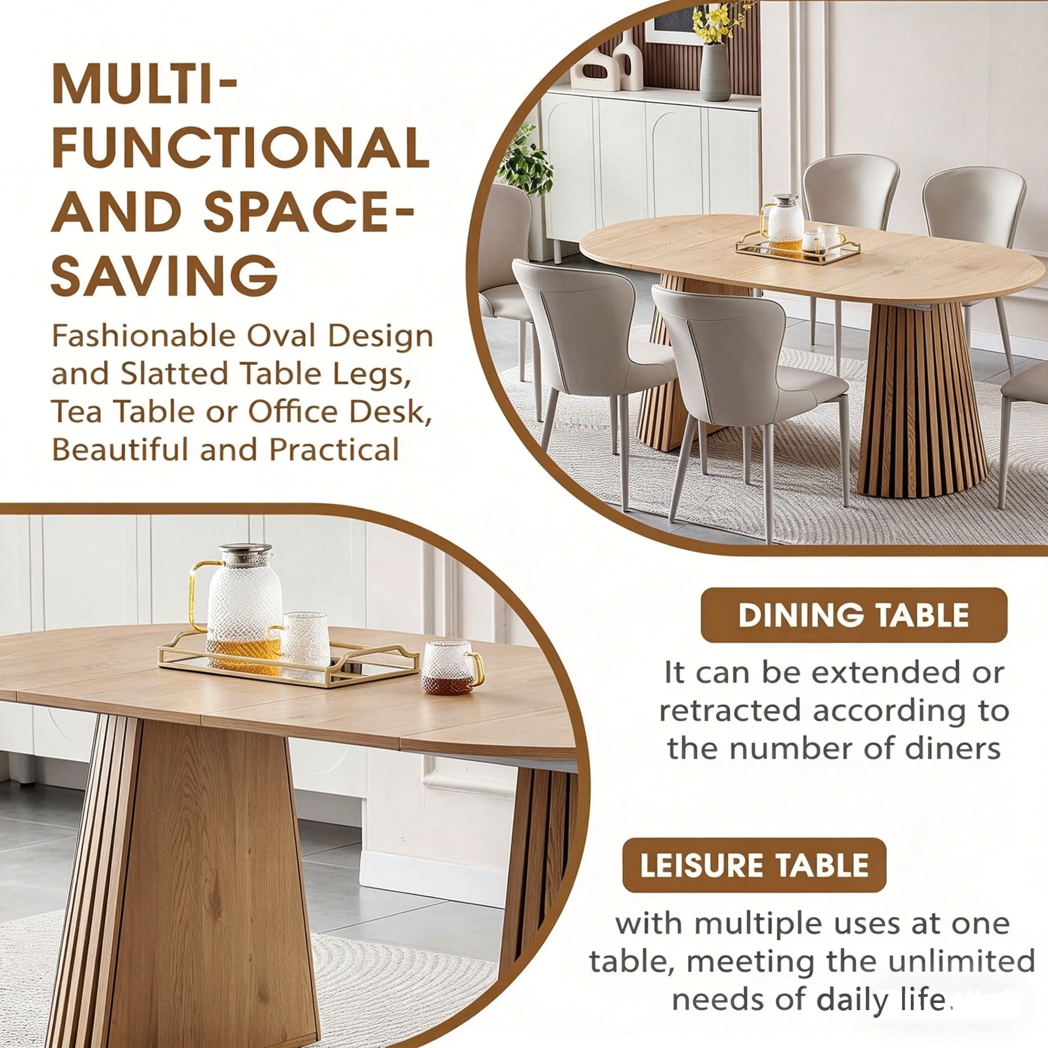 Dining Table, Flexible Extendable Oval Design With Slatted Legs - Natural Wood