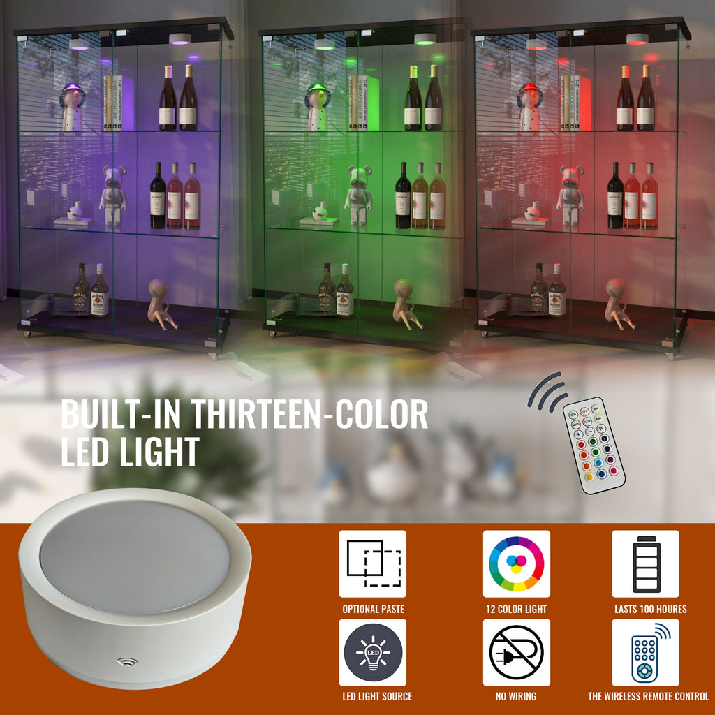 Modern Display Cabinet With LED Lights, Transparent Tempered Glass 2 Door Storage Case With 3 Shelves