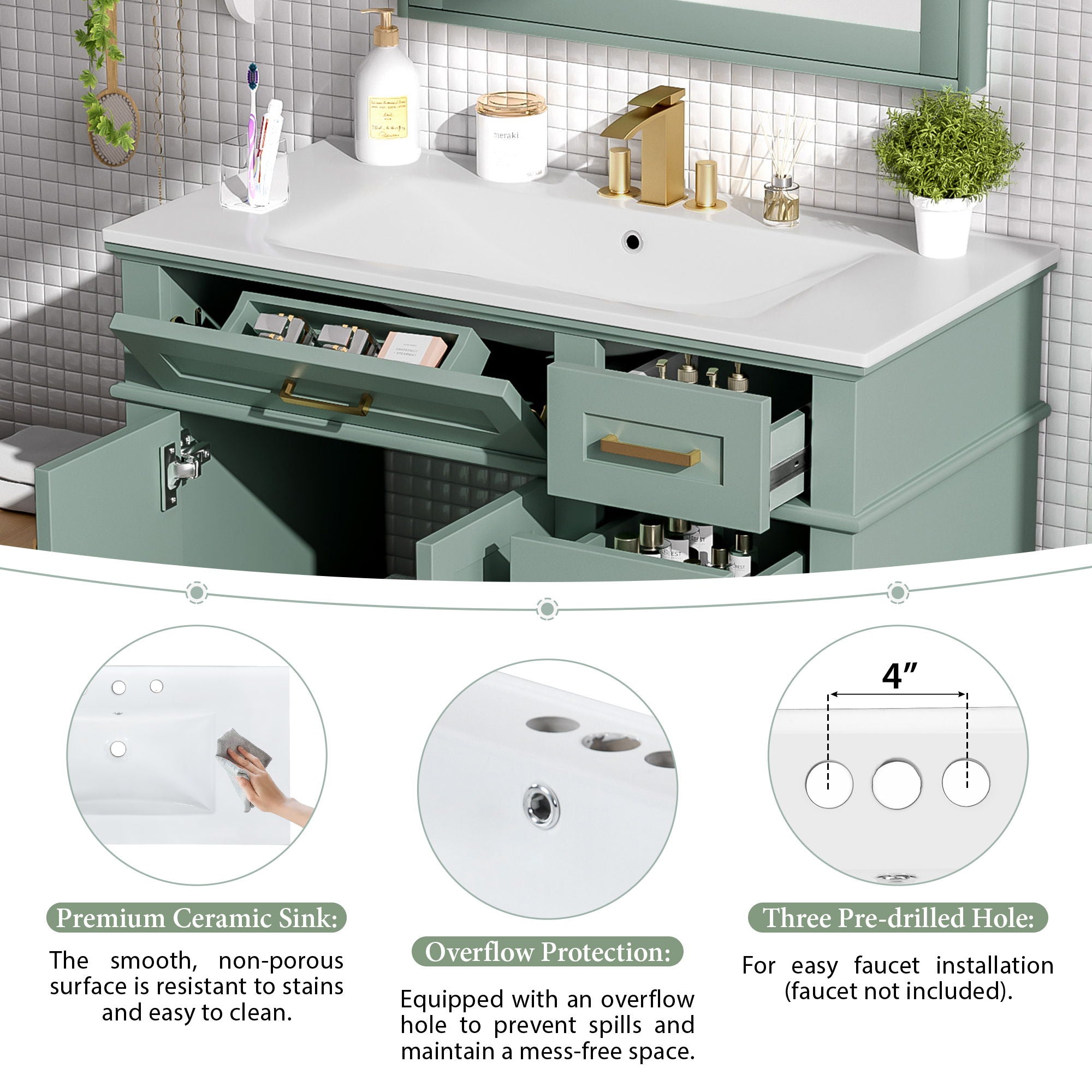 Modern Bathroom Vanity With Sink, Soft Close Doors, 4 Storage Drawers