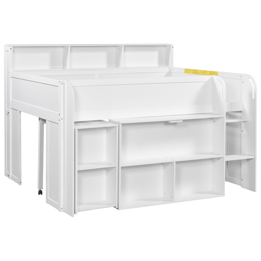 Loft Bed With Built-In Desk, LED Lighting, And Multiple Storage Shelves