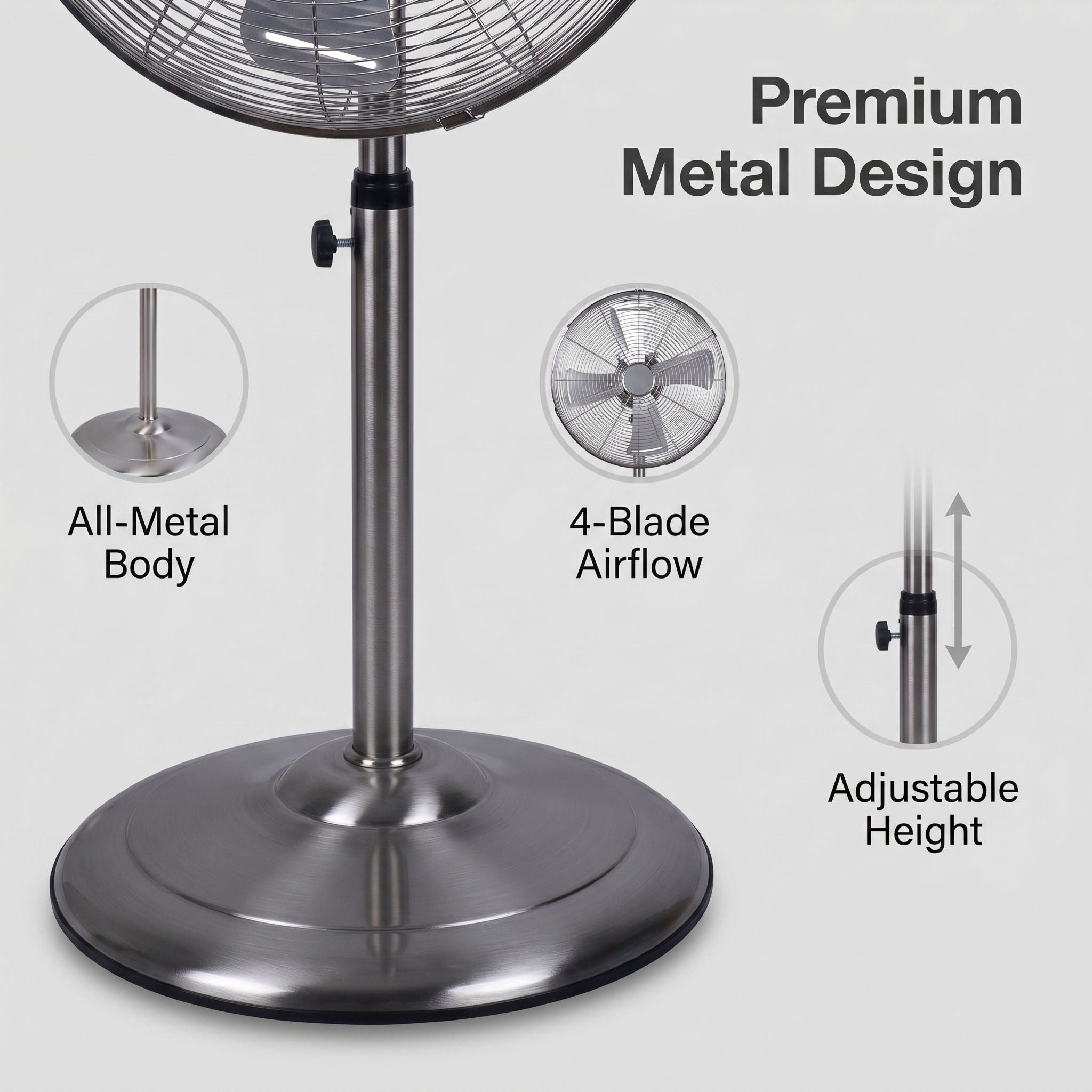 Stand Fan, 4 Blades, Rotary Knob Switch, Oscillation Function, Tilting Angle - Chrome