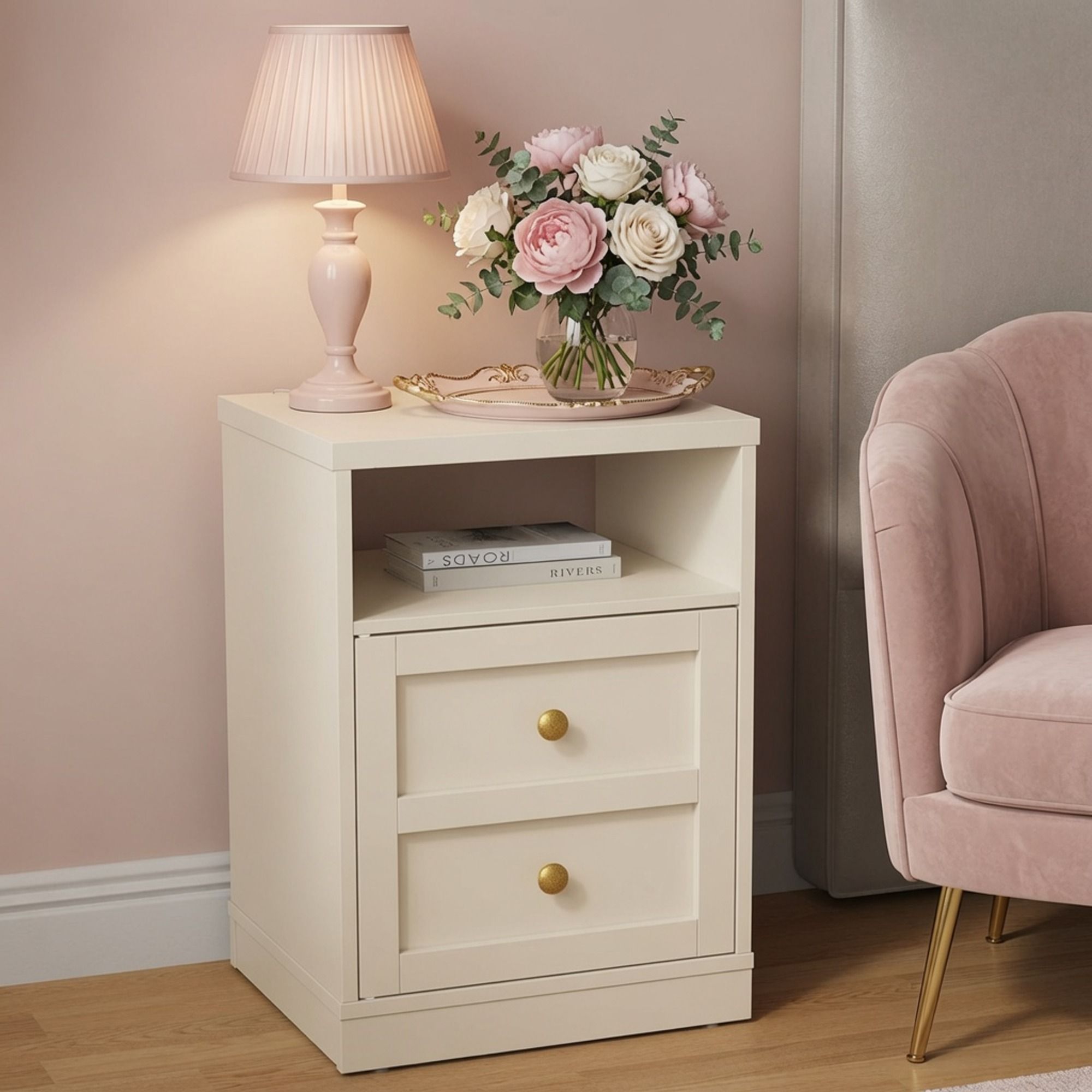 Nightstand With Door & Shelf, 2 Drawer Side Table