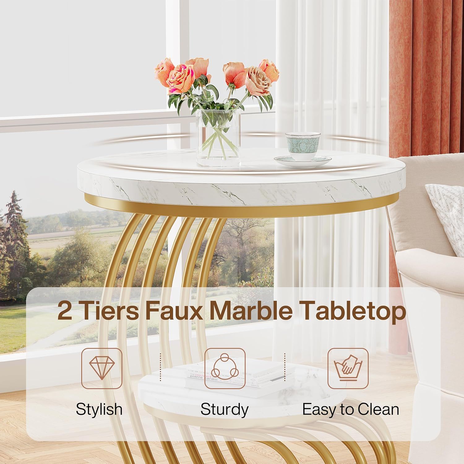 Round Vintage End Table With 2 Tier Storage