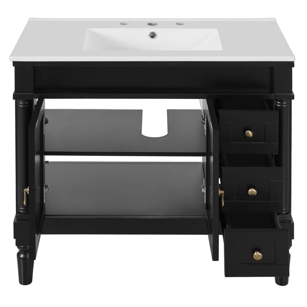 Bathroom Vanity With Ceramic Sink, 2 Doors 3 Drawers, Soft Close Design