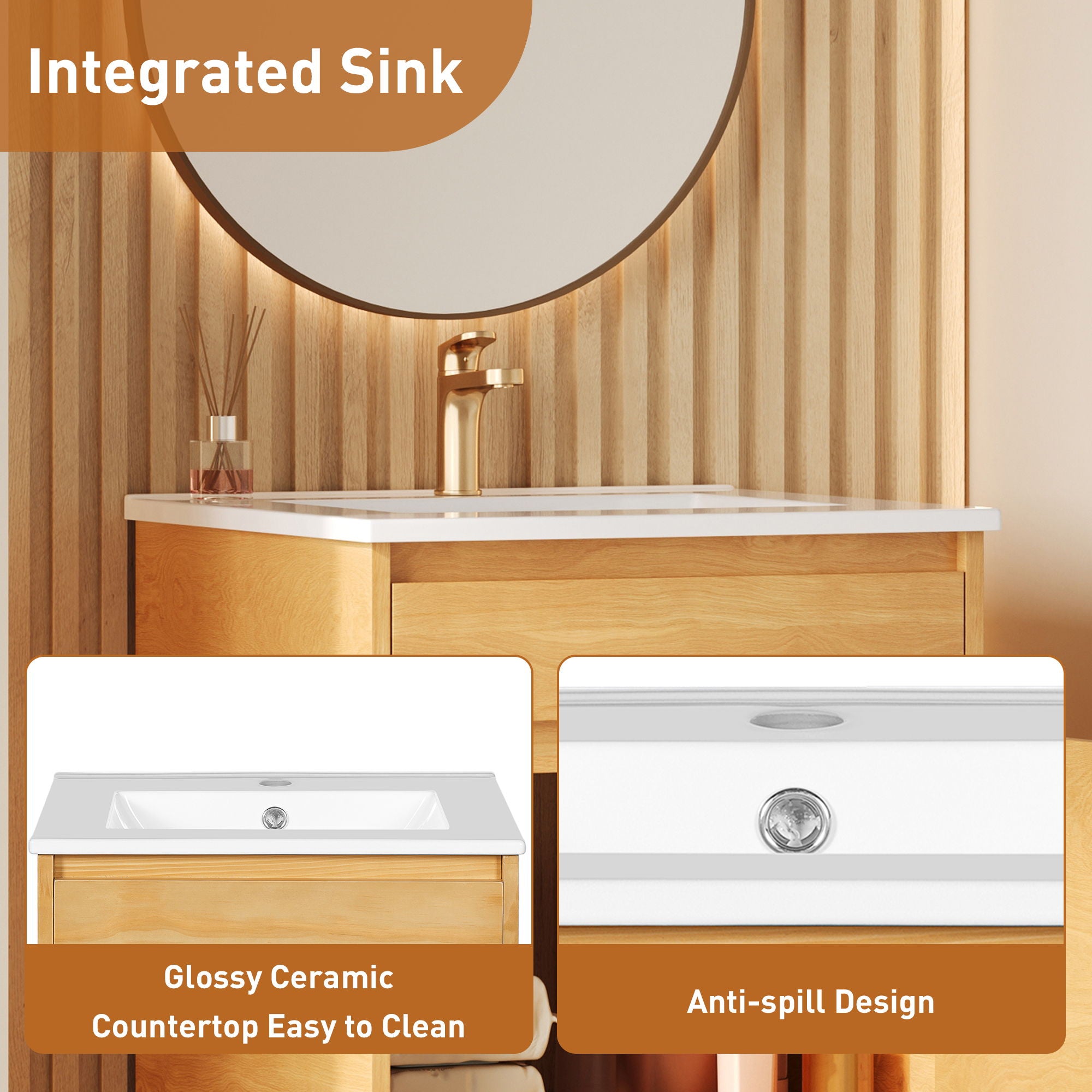 Bathroom Vanity With Sink, Freestanding Single Cabinet With Soft Closing Door And Adjustable Shelf - Natural Wood