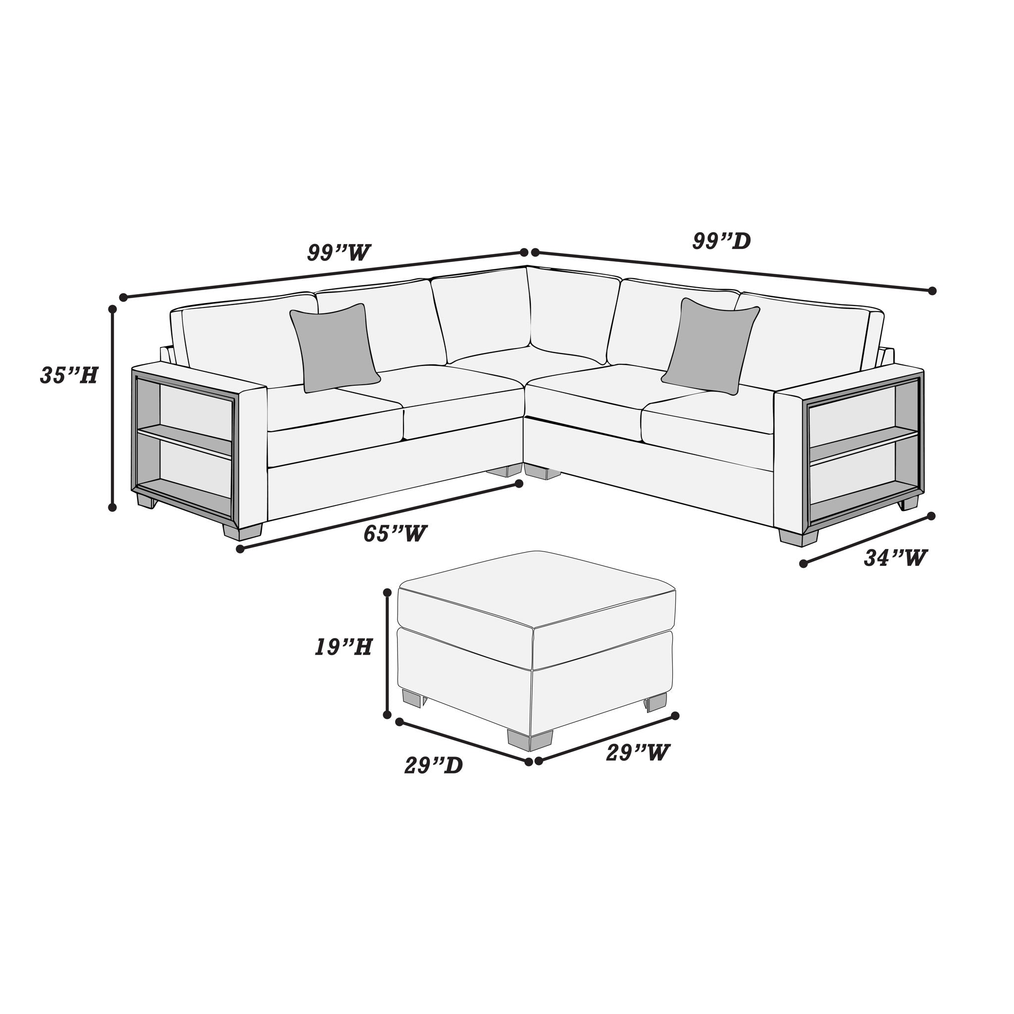 Contemporary Sectional Sofa 4 Piece Set With Built In Shelves L - Shaped Design