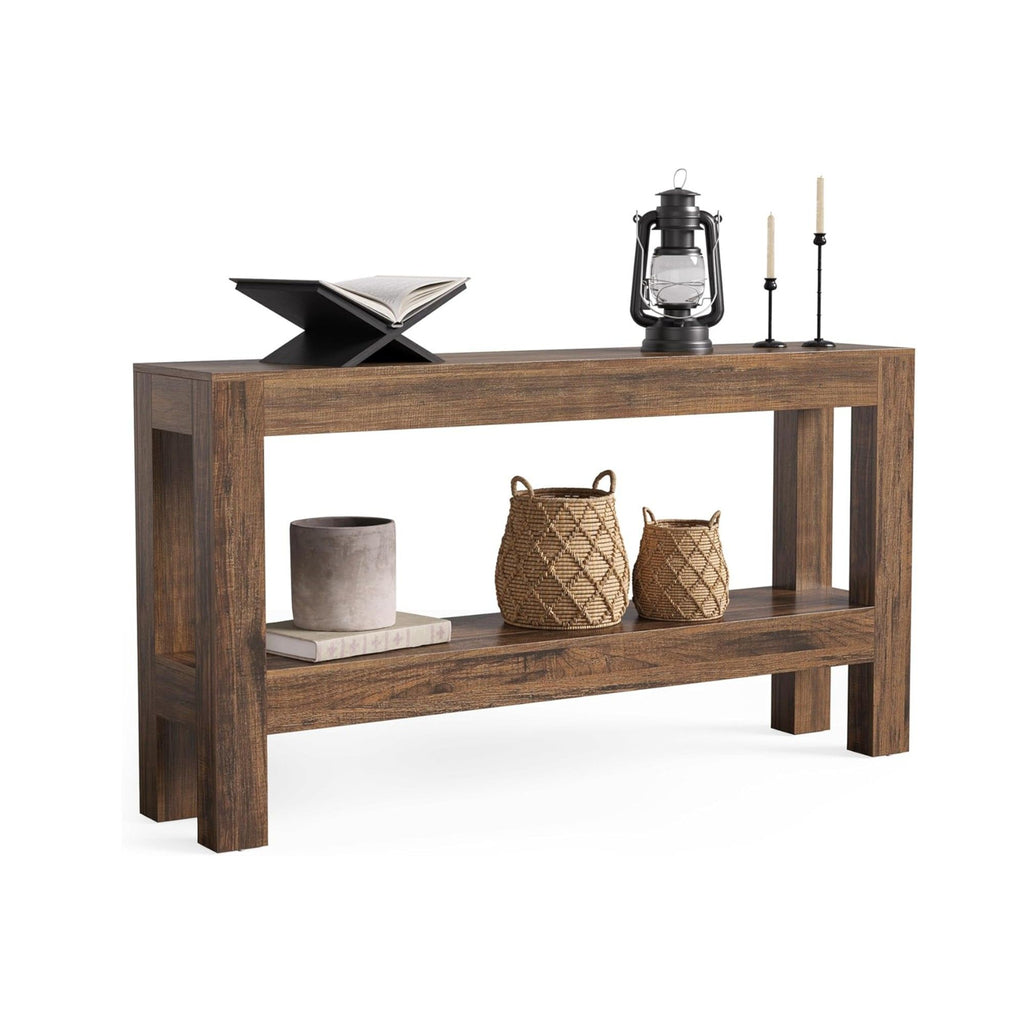 2 Tier Narrow Console Table With Storage For Entryway - Brown