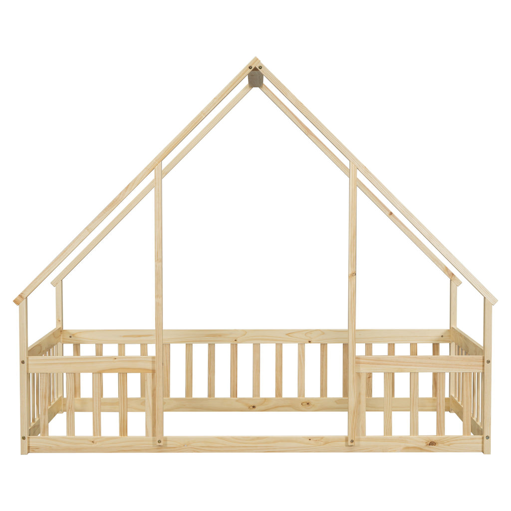 Wood House-Shaped Floor Bed With Fence, Guardrails
