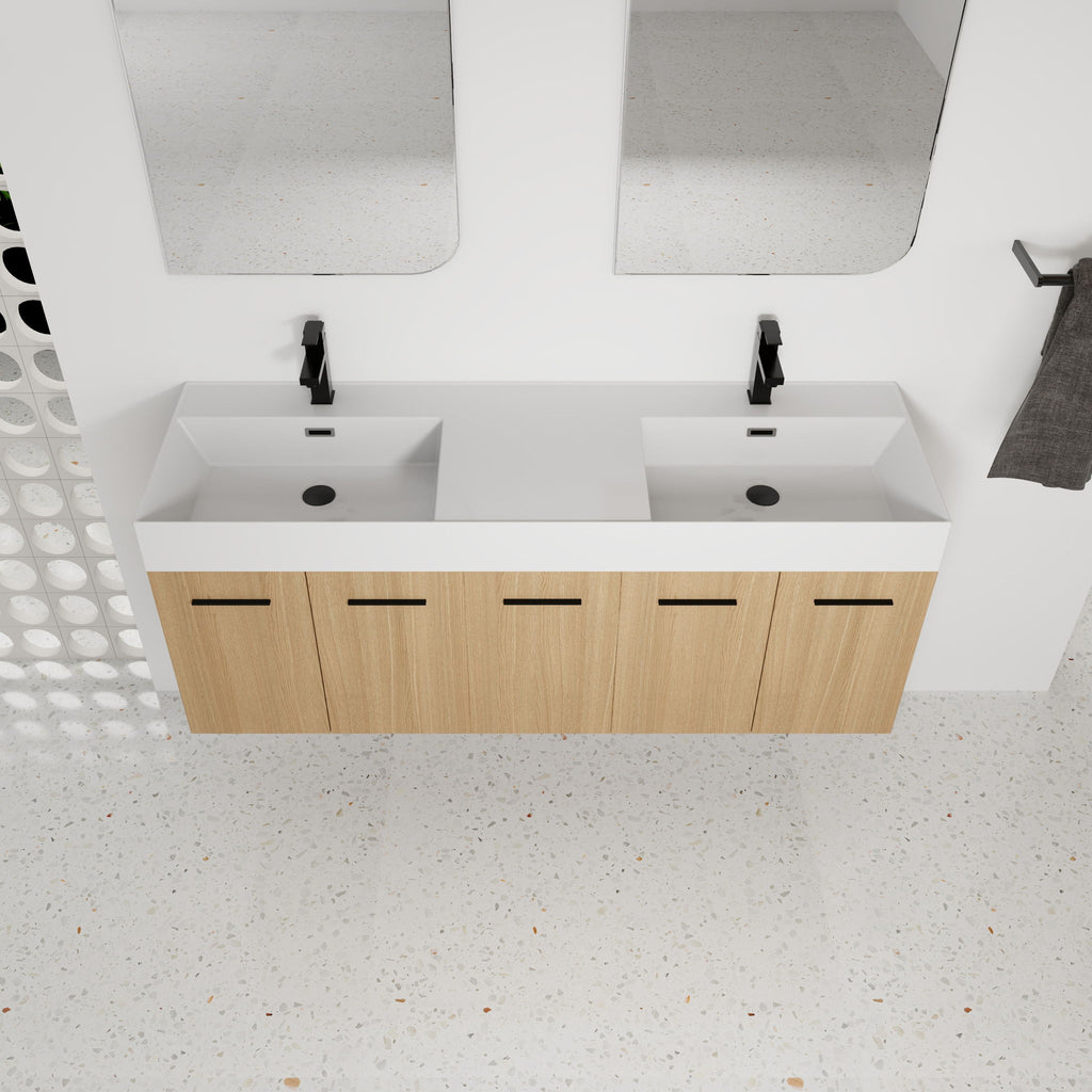 Floating Double Sink Bathroom Vanity With Extra Large Storage, Integrated Sink, Soft Close Doors, Wall Mounted Bath Vanity - Glossy White / Light Oak