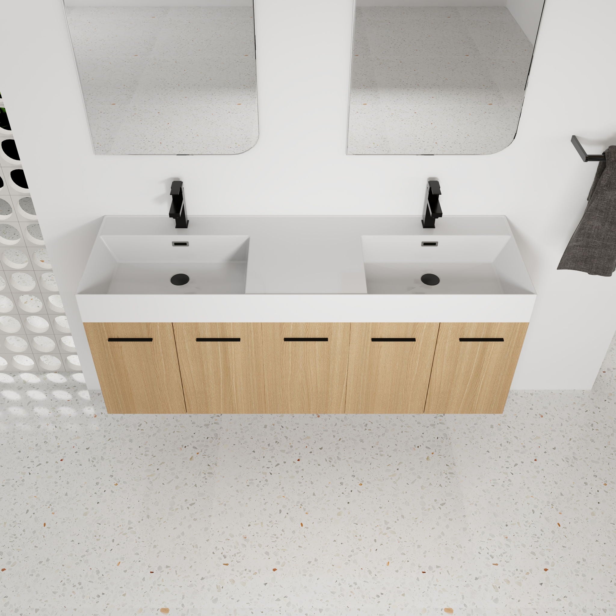 Floating Double Sink Bathroom Vanity With Extra Large Storage, Integrated Sink, Soft Close Doors, Wall Mounted Bath Vanity - Glossy White / Light Oak