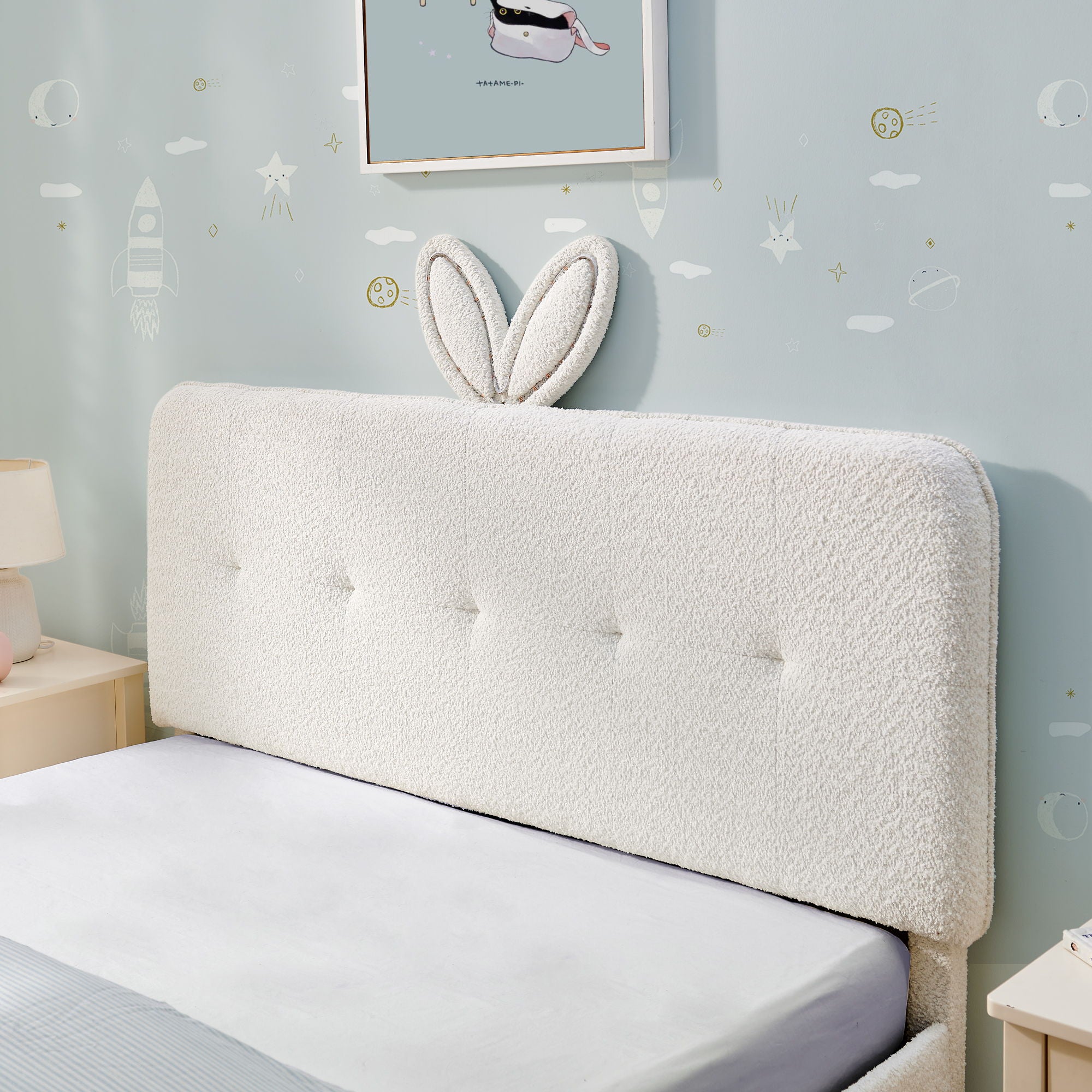 Upholstered Bed With Oversized Rabbit Ear Headboard, LED Lights & 4 Storage Drawers