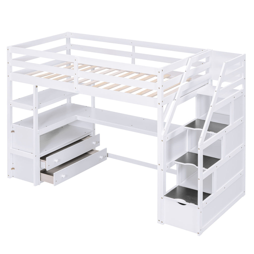 Loft Bed With Desk, Shelves, 2 Drawers, Storage Staircase