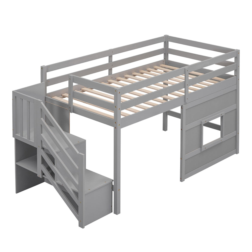 Loft Bed With Storage Staircase, Window & LED Light