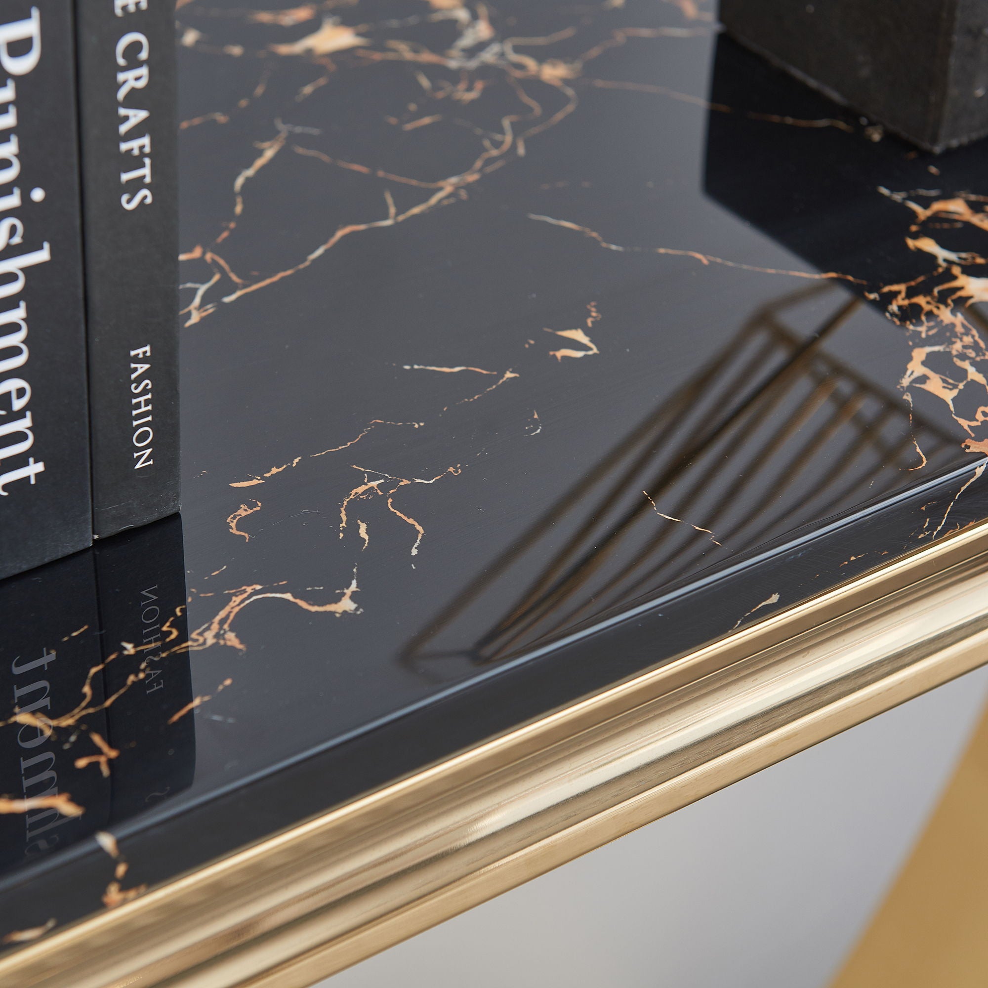 Modern Rectangular Marble Printing Console Table, U Shape Stainless Steel Base - Black
